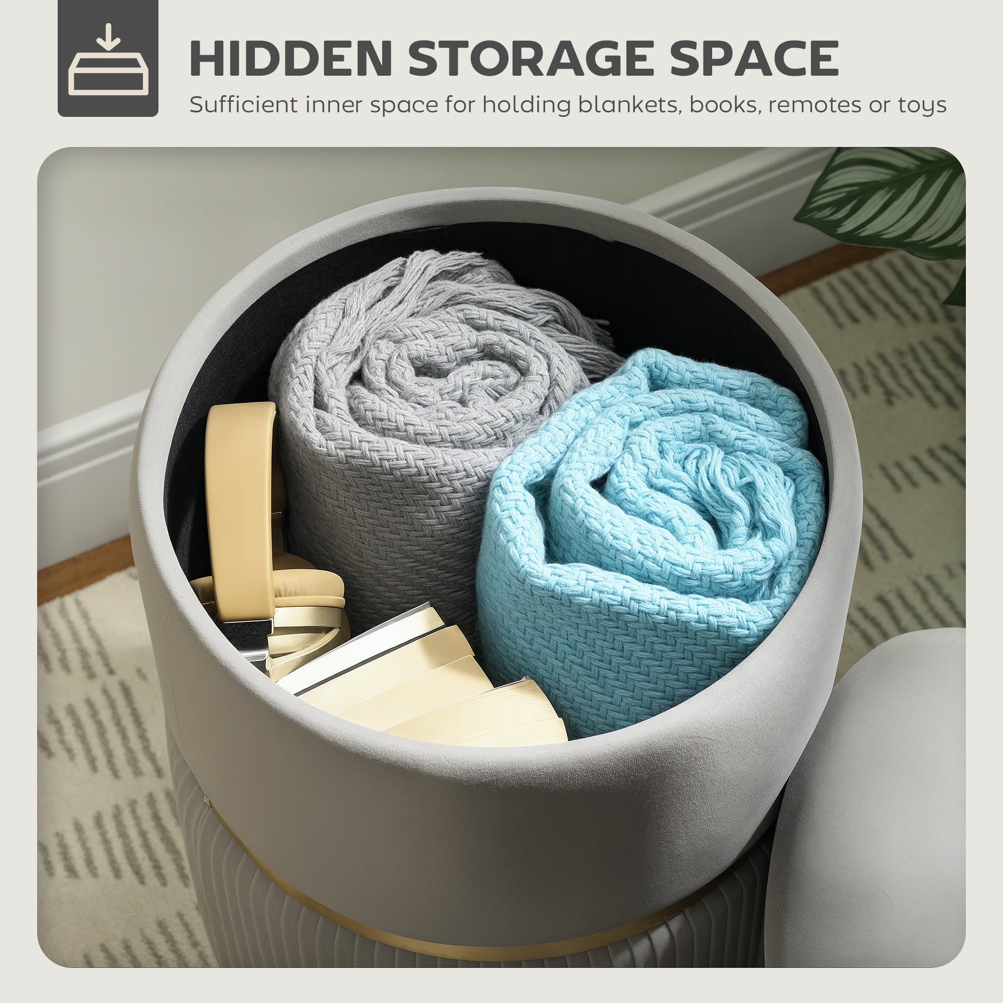 Kozy - Velvet-Feel Storage Ottoman - Light Grey