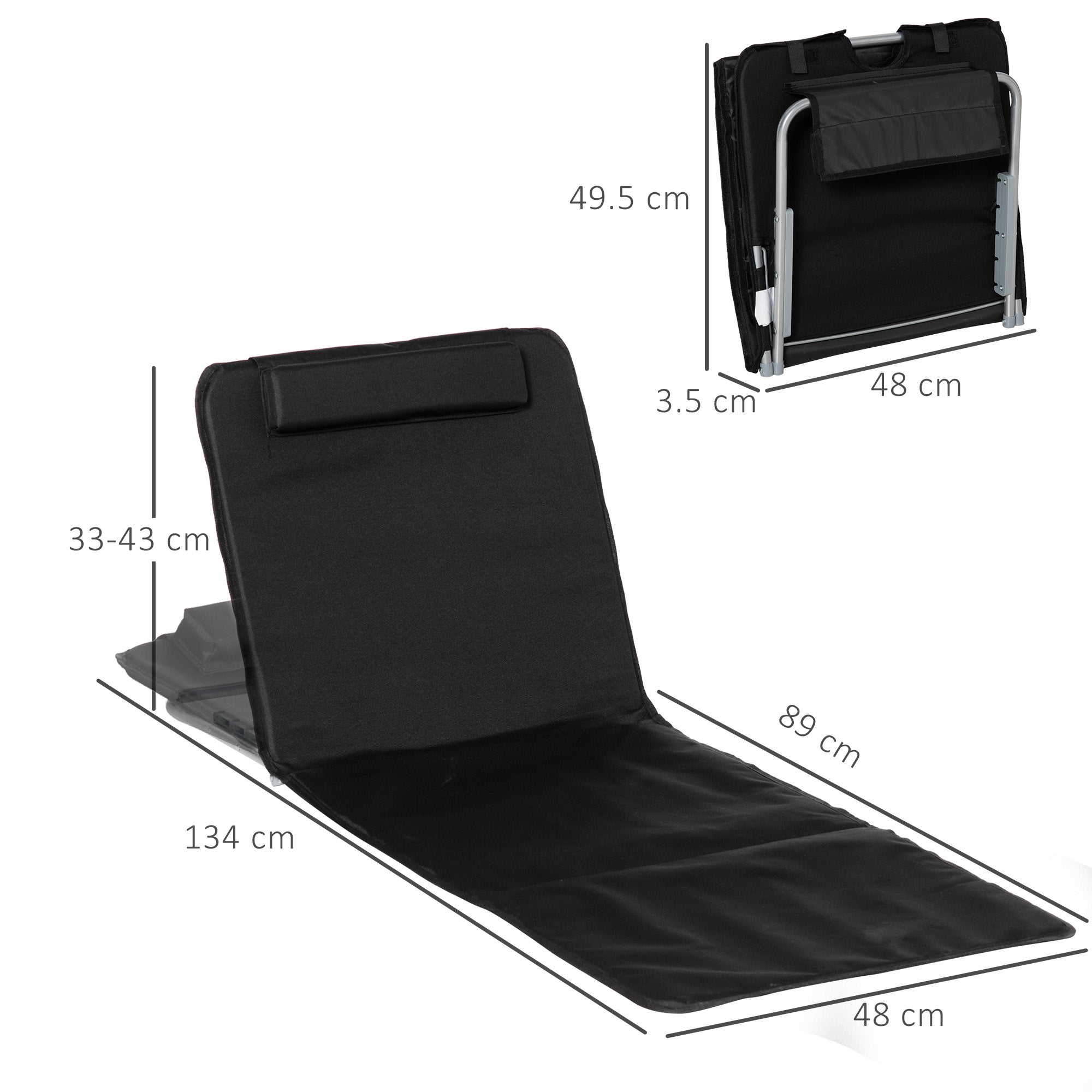 Kozy Set of 2 Foldable Garden Beach Chair Mat Lightweight Outdoor Sun Lounger Seats Adjustable Back Metal Frame PE Fabric Head Pillow w/ Carry Bag, Black