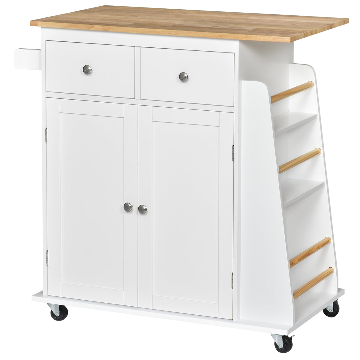 Kozy Kitchen Island on Wheels, Mobile Storage Trolley, Rolling Kitchen Cart with Rubber Wood Top, 2-Door Cabinets, 2 Drawers, Adjustable Shelf, 3-Tier Spice Rack, Drawers