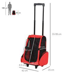 PawHut Pet Carrier Backpack with Trolley, Telescopic Handle Travel Bag for Dogs and Cats, 42 x 25 x 55 cm, Red