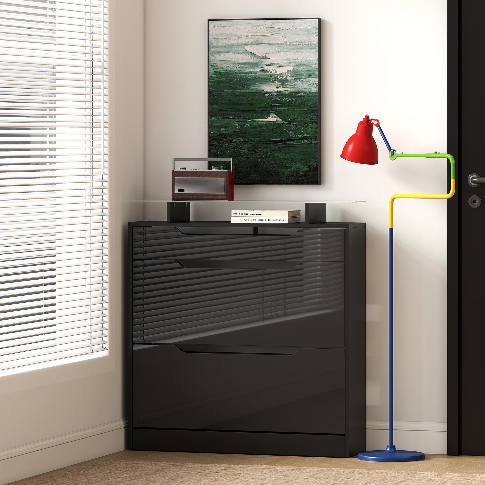 Kozy - Shoe Storage Cabinet with Slide Out Drawer, 2 Flip Doors, Tempered Glass Top - Black