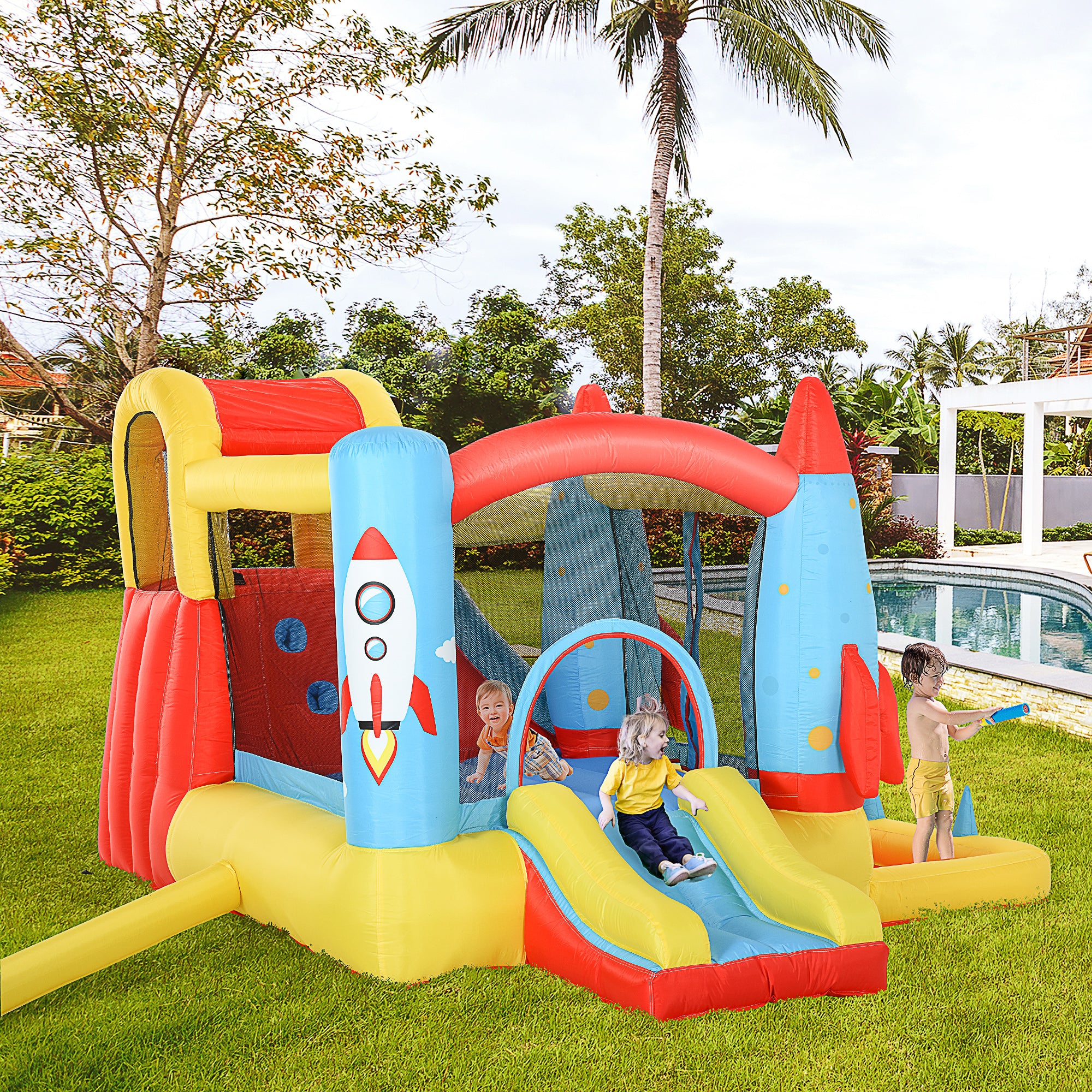 Kozy Bounce Castle Inflatable Trampoline Slide Pool Rocket Design 3.4 x 2.8 x 1.85m