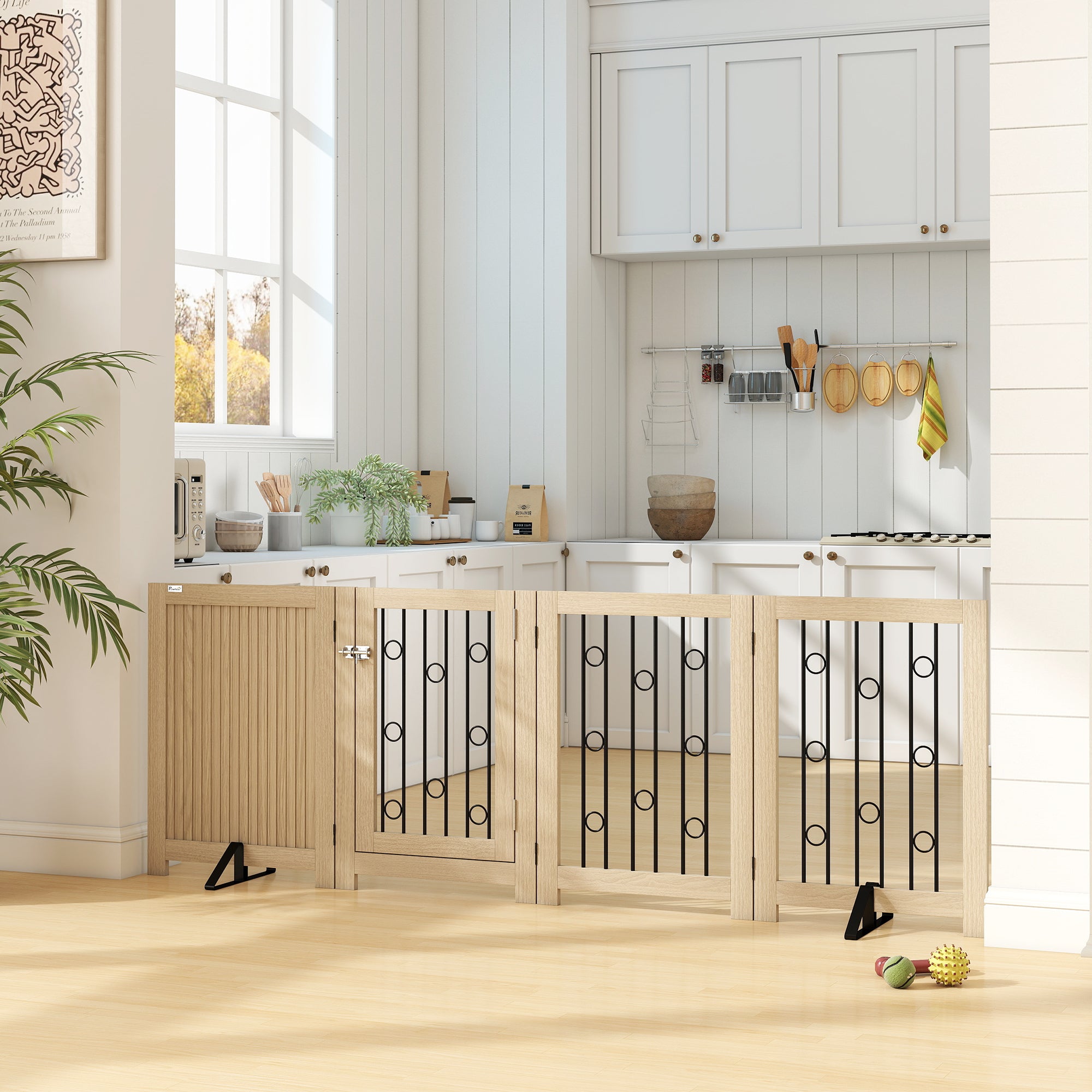 Kozy 4 Panel Freestanding Pet Gate, Indoor Dog Barrier with Lockable Door, Support Feet, 360° Flexible Hinges, Oak