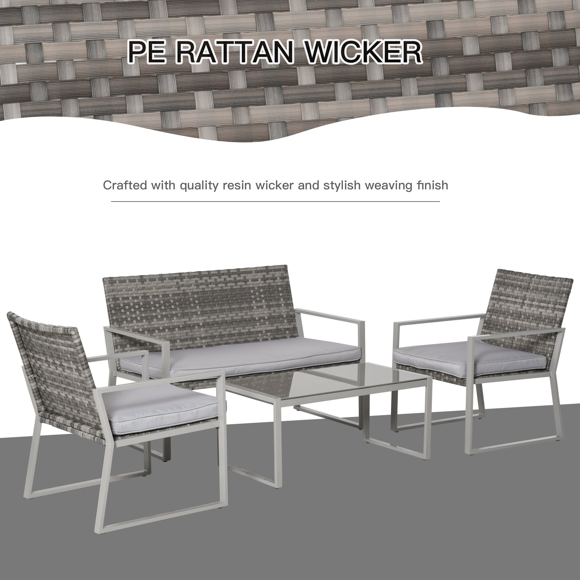 Kozy 4PC Rattan Garden Furniture Set 2 Single Sofa Arm Chairs 1 Bench with Cushions & Coffee Table Patio Backyard Wicker Weave