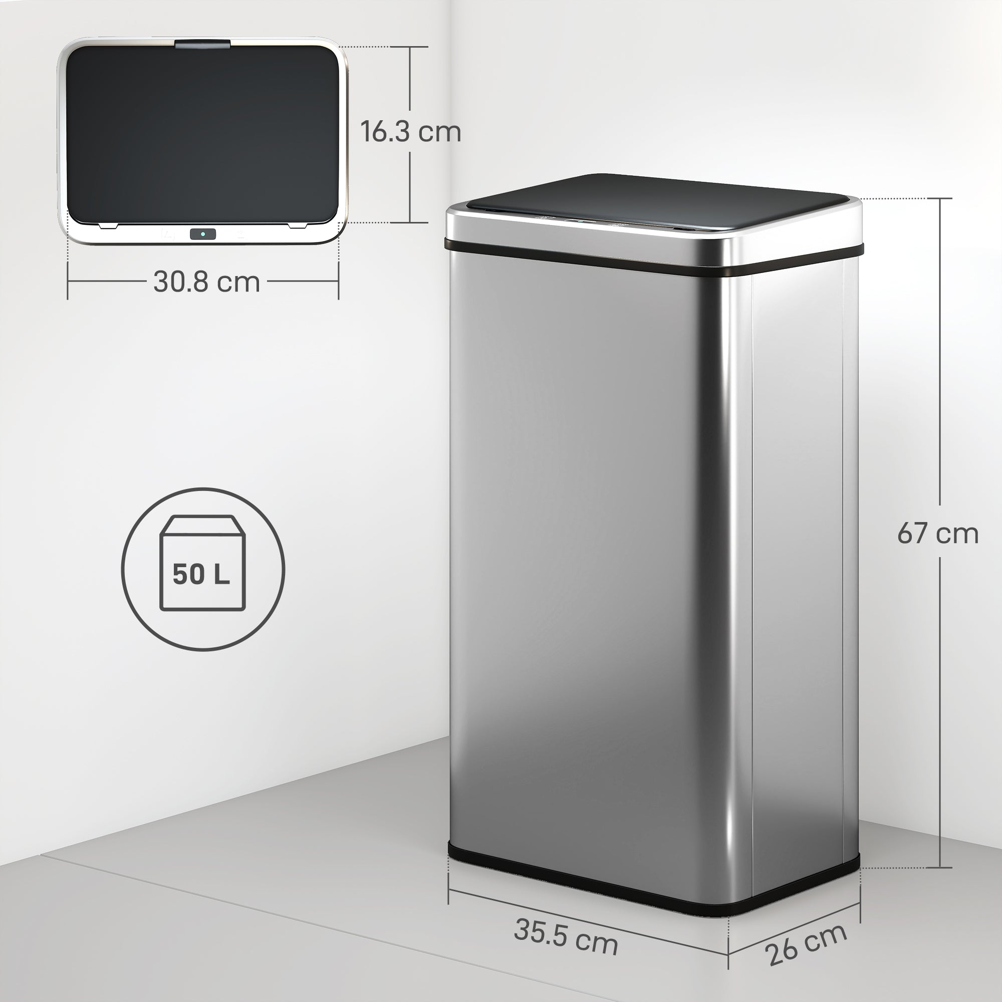 Kozy 50L Sensor Bin with Quiet Soft-Close Lid, Automatic Touchless Motion Sensor Kitchen Bin with Fingerprint Resistant Stainless Steel for Hygienic Gyms, Home Office Use, Silver Tone