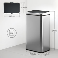 Kozy 50L Sensor Bin with Quiet Soft-Close Lid, Automatic Touchless Motion Sensor Kitchen Bin with Fingerprint Resistant Stainless Steel for Hygienic Gyms, Home Office Use, Silver Tone