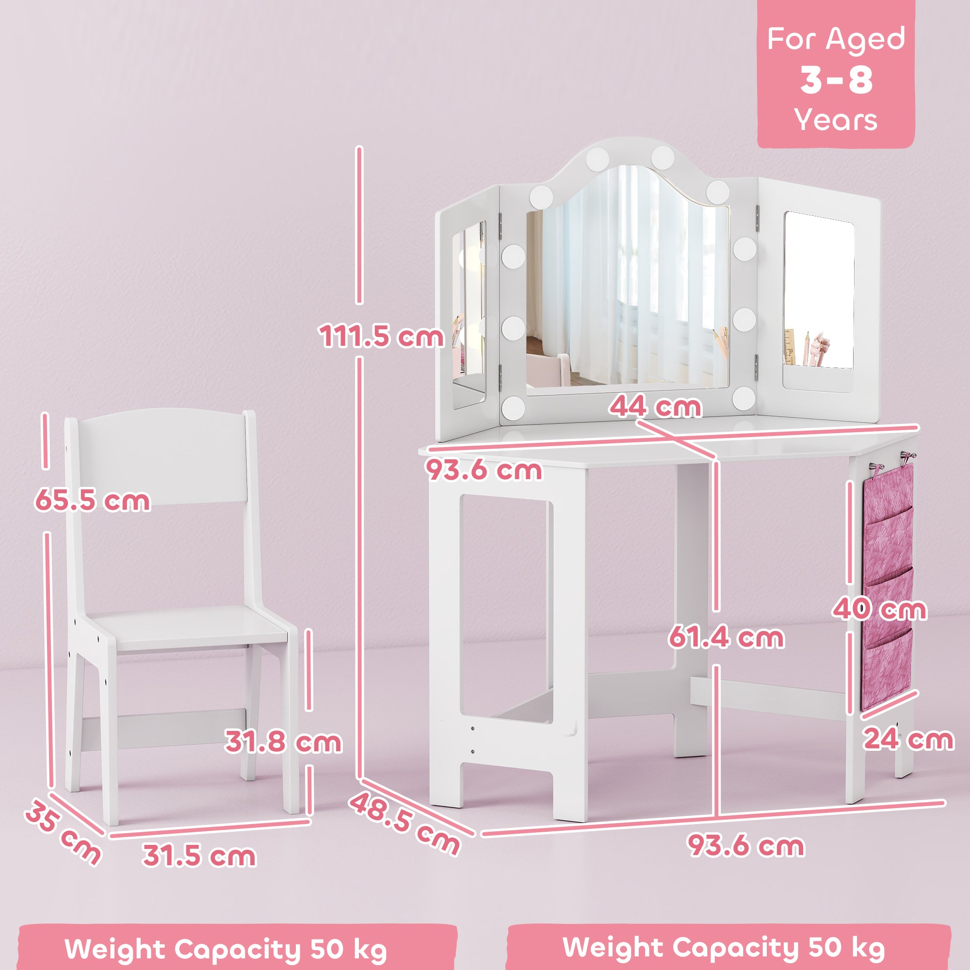 Kozy Kids Dressing Table and Stool Set, Girls Vanity Table with 2-Colour LED Lights, Tri-Folding Mirror, White