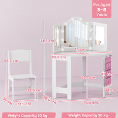 Kozy Kids Dressing Table and Stool Set, Girls Vanity Table with 2-Colour LED Lights, Tri-Folding Mirror, White