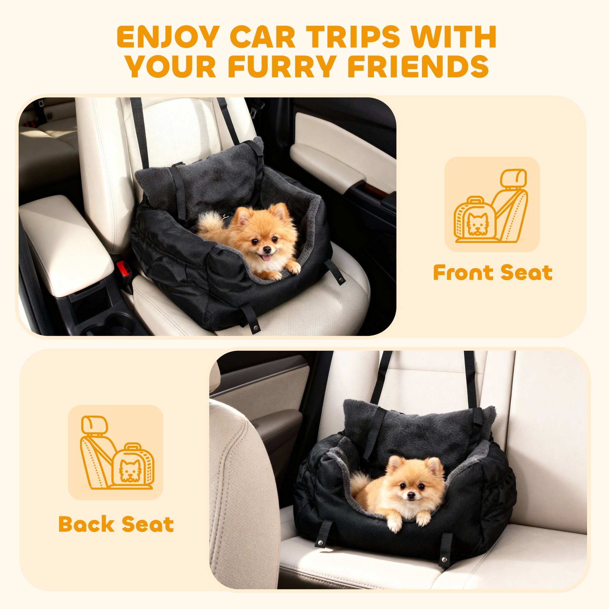 Kozy Dog Car Seat for Small Dogs with Fixed Buckle, Safety Leash, Washable Cover, 58 x 45 x 28 cm, Black