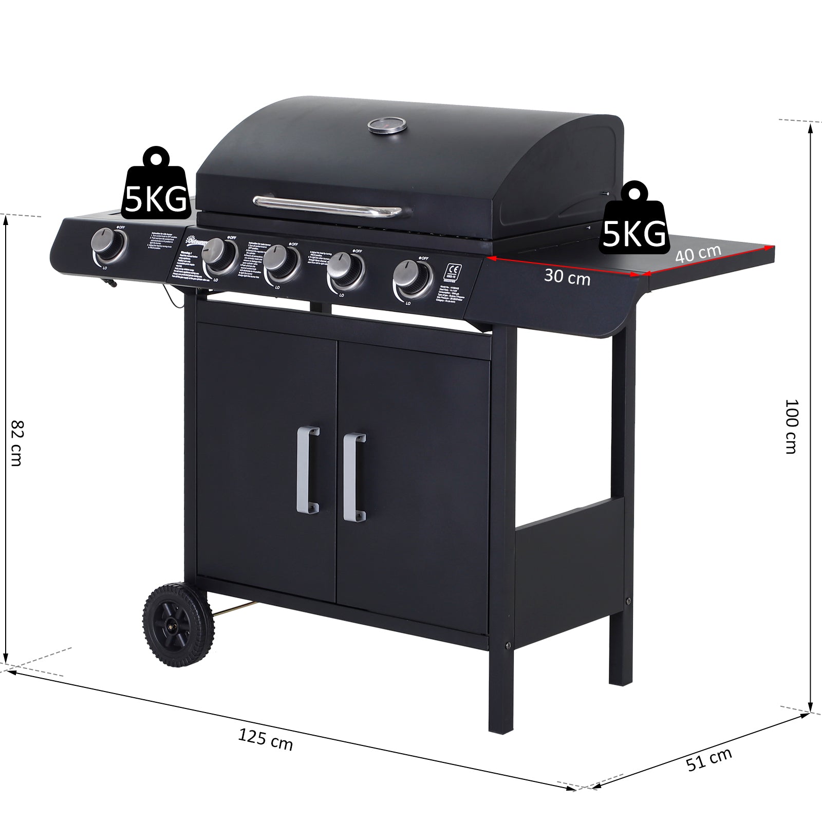Kozy 4+1 Burner Gas BBQ Grill, Outdoor Barbecue Trolley with Wheels, Warming Rack, Side Shelves, Cabinet, Thermometer for Garden, Party, Camping, 125 L x 51 W x 100 H cm, Black