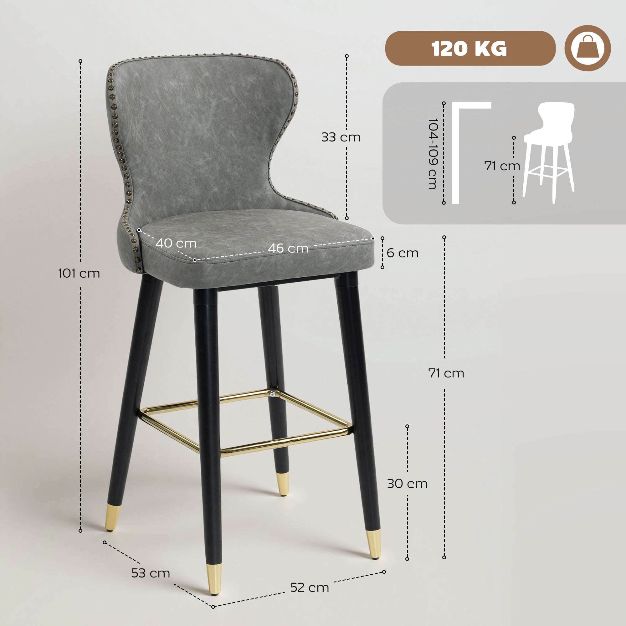 Kozy Bar Stools Set of 2, PU Leather Barstools with Back, Footrest and Wood Legs for Kitchen, Counter, Breakfast Bar, Grey