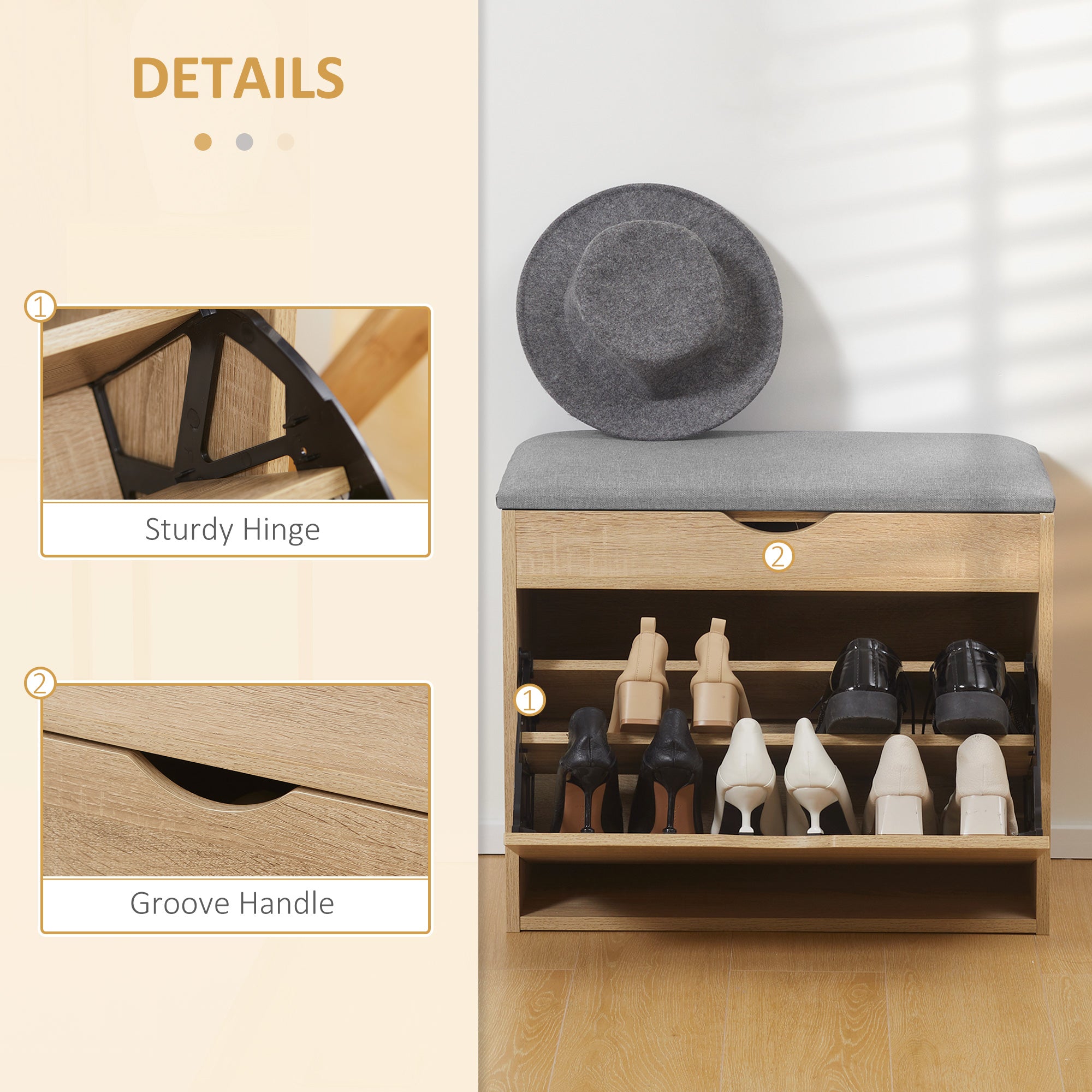 Kozy Shoe Bench with Cushion for 4 Pair of Shoes, Storage Bench with Padded Seat, Flip-up Cabinet and Hidden Space for Entryway, Natural