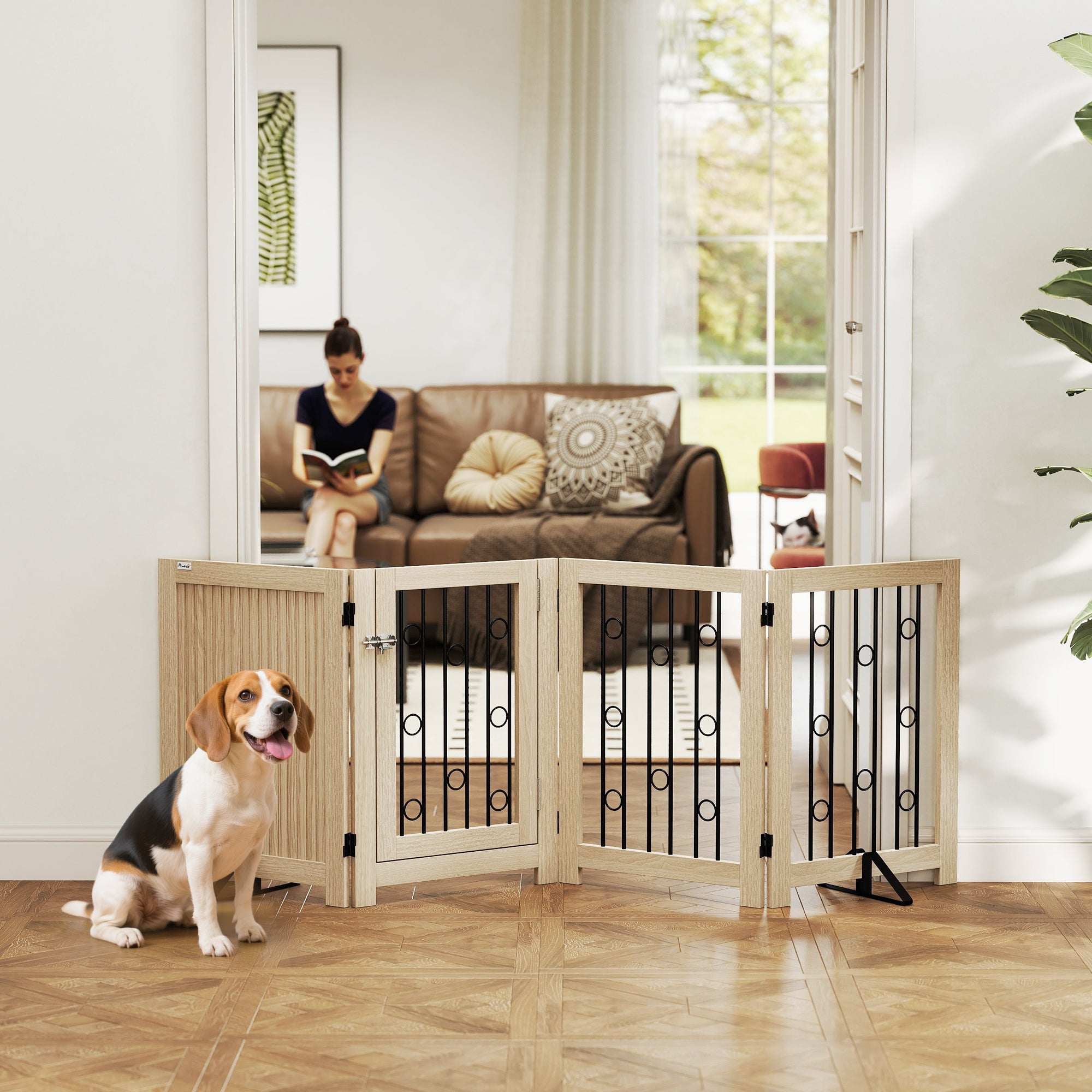 Kozy 4 Panel Freestanding Pet Gate, Indoor Dog Barrier with Lockable Door, Support Feet, 360° Flexible Hinges, Oak