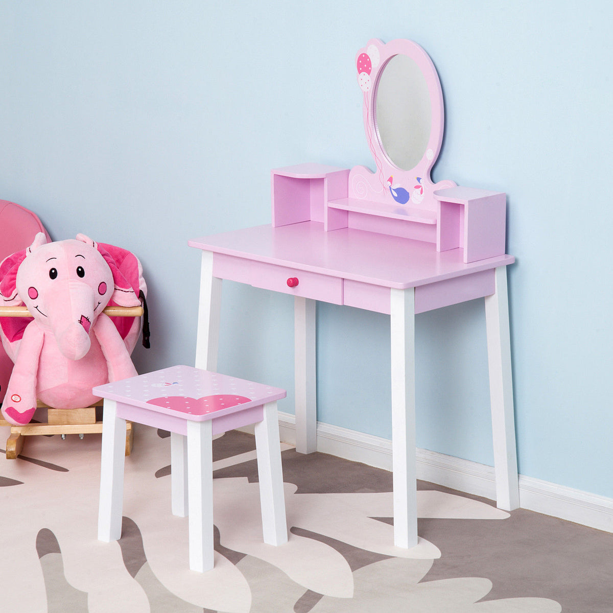 HOMCOM 2 PCS Kids Wooden Dressing Table and Stool Girls Vanity Table Makeup Table Set with Mirror Drawers Role Play for Toddlers 3 Year+, Pink White