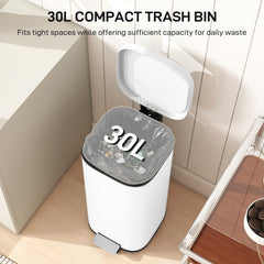 Kozy 30L Kitchen Bin, Compact Pedal Bin with Soft-Close and Stay-Open Lid, Removable Bucket for Kitchen, Home, Office, White