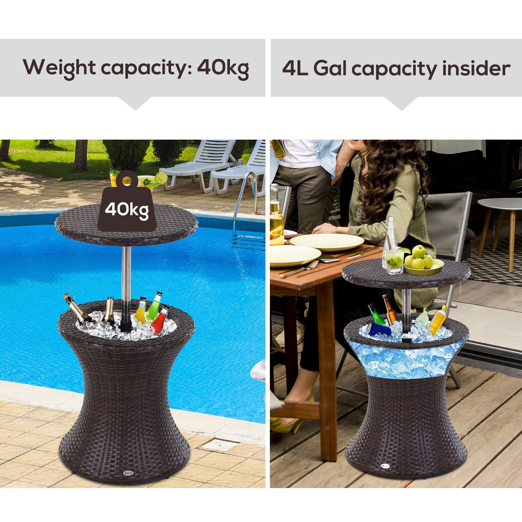 Kozy PE Rattan Ice Bucket Table, Height Adjustable Liftable Outdoor Drinks Cooler, 52 cm Round Garden Beer Cocktail Table with Lid for Bar, Patio, Terrace, Brown