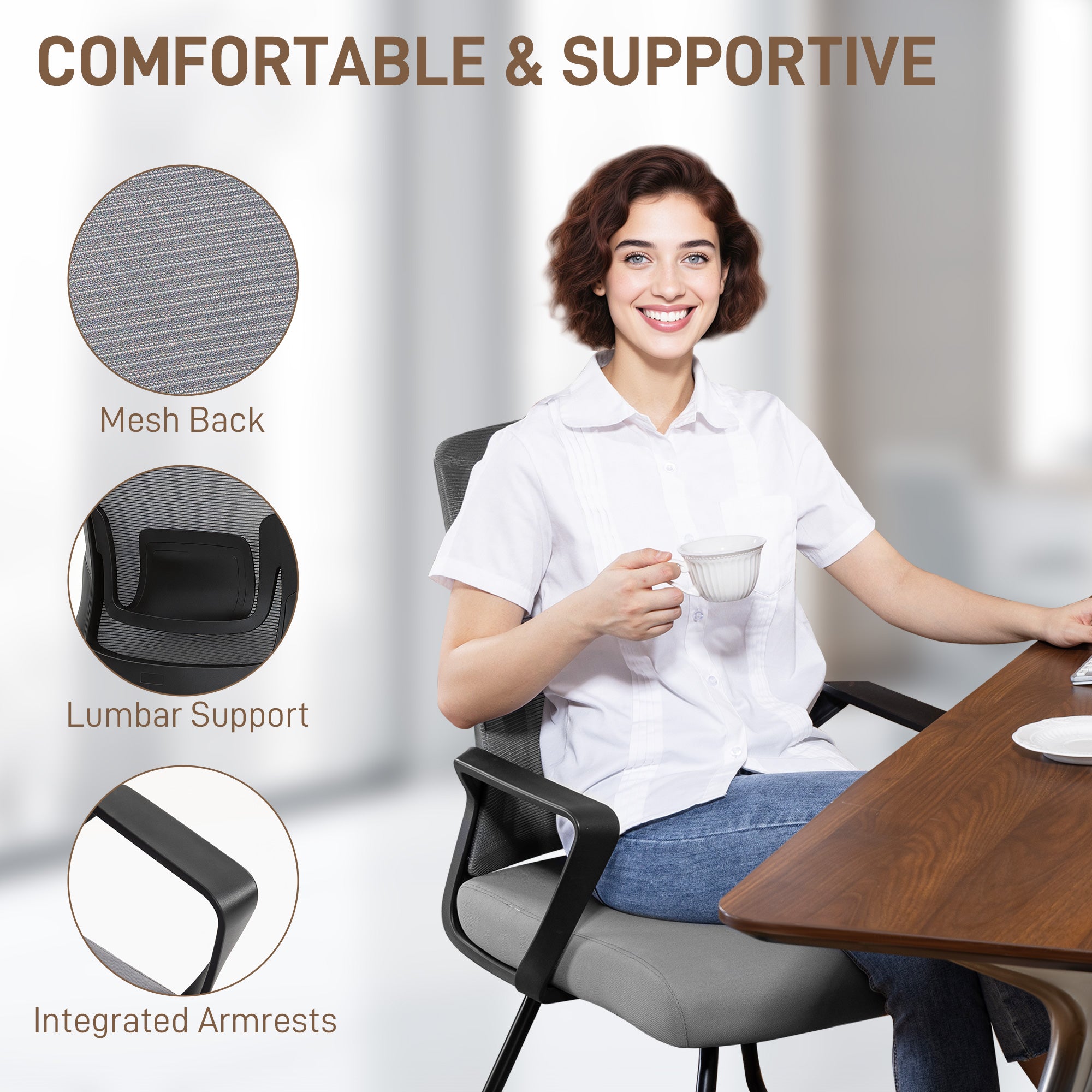 Kozy Desk Chair No Wheels, Office Chair with Mesh Back, Lumbar Support, Metal Base for Waiting Room, Conference Room, Dark Grey