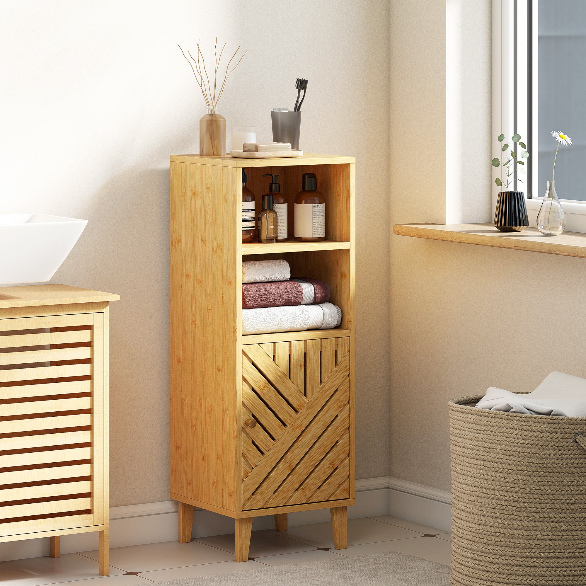 Kozy - Slim Bathroom Cabinet with Bamboo Door and Legs, Narrow Bathroom Storage Cabinet, Freestanding Storage Cupboard with Open Compartments, 32 x 30 x 90 cm, Natural Wood Finish