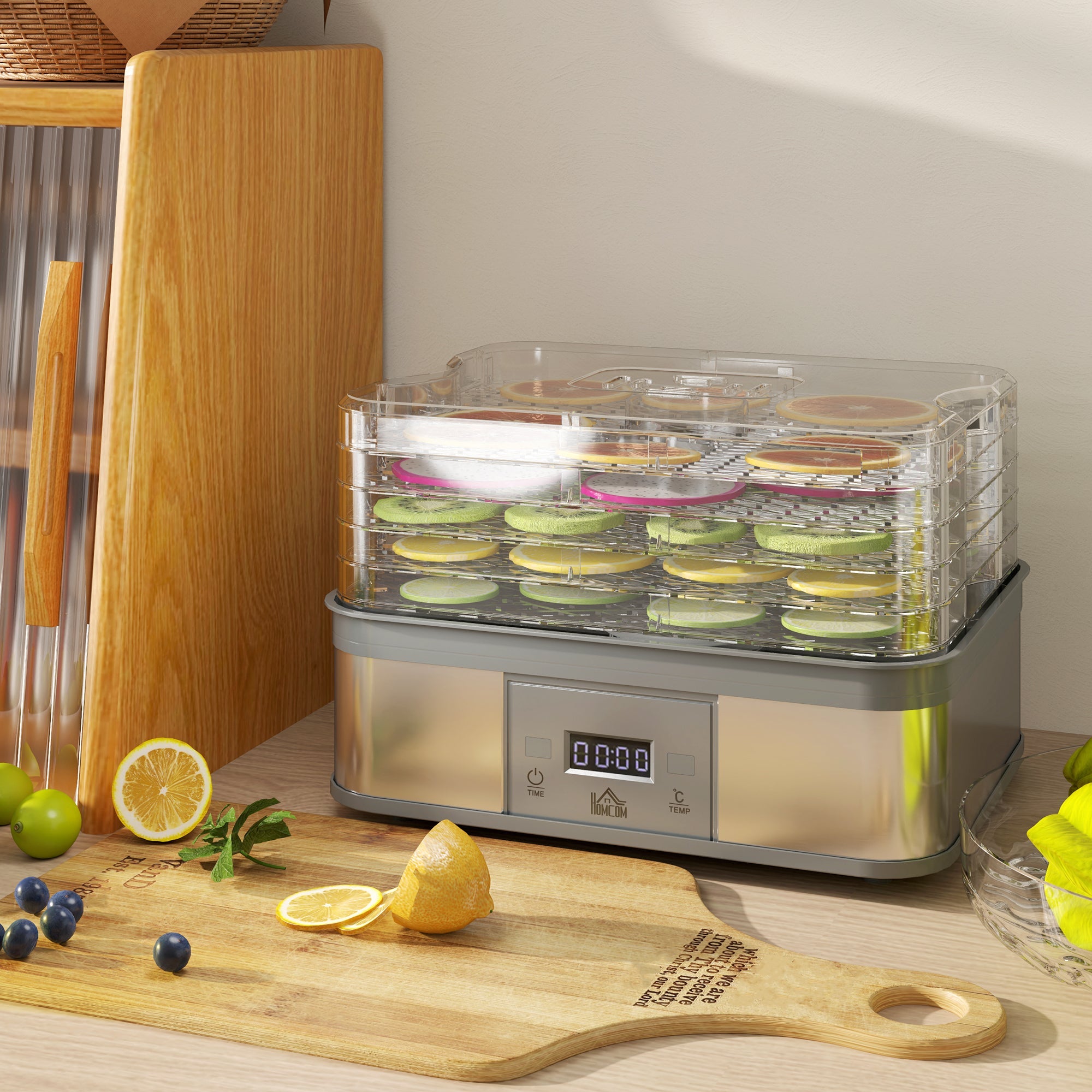 HOMCOM Food Dehydrator 5 Tier Dehydrator Machine, 245W Stainless Steel Food Dryer Machine w/ Adjustable Temperature, Timer & LCD Display | Aosom UK