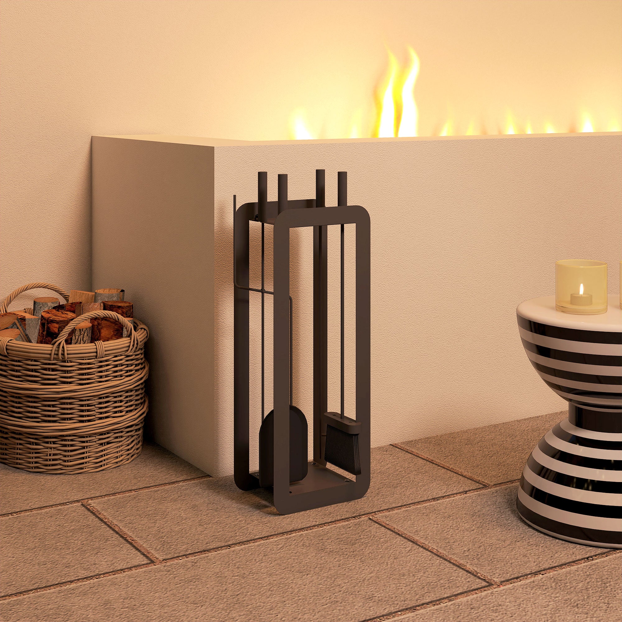 Kozy - 5 Pieces Fireplace Companion Set, Metal Fireplace Accessories Fireside Companion Set with Brush, Shovel, Poker, A Pair of Tongs, Stand, Black