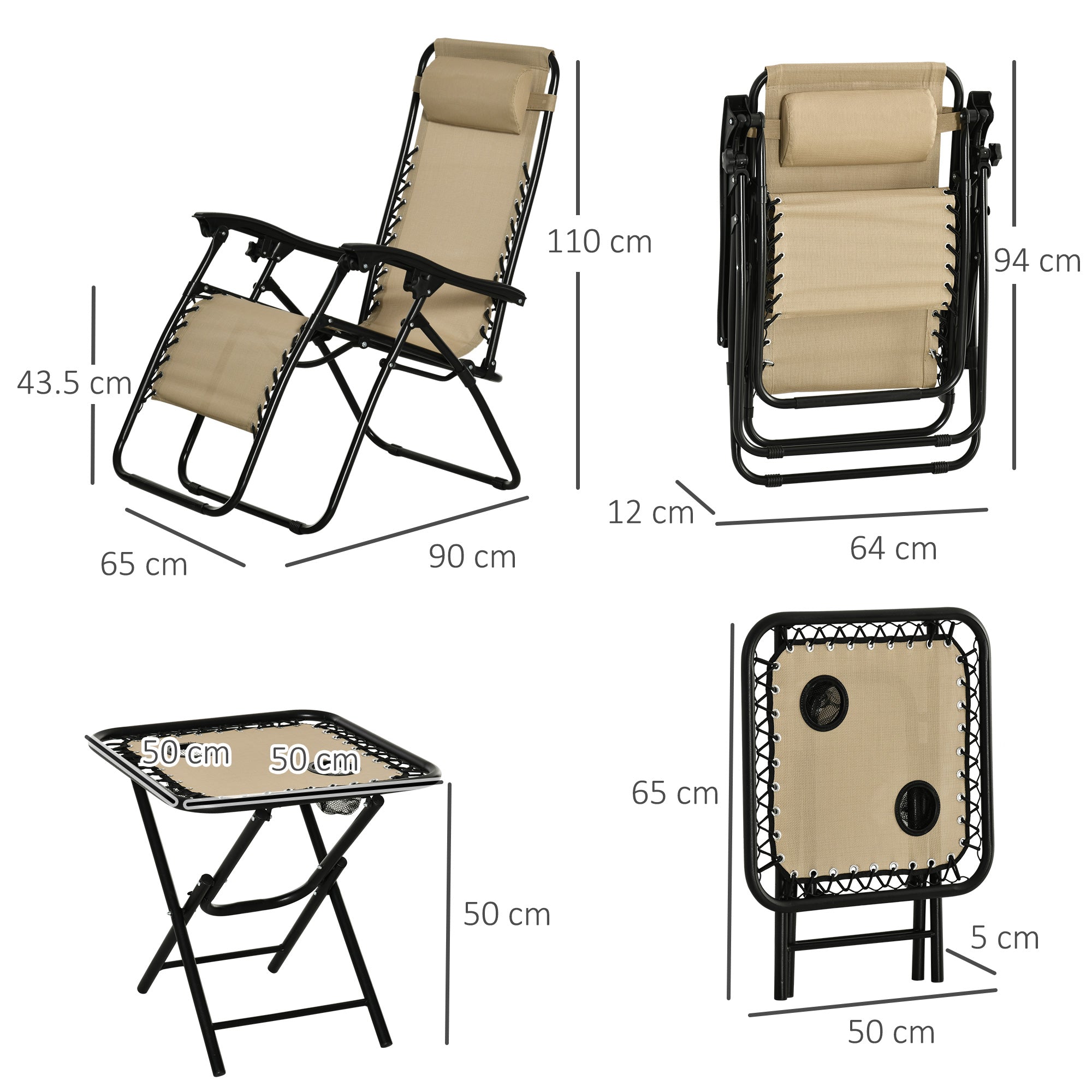 Kozy Folding Zero Gravity Chairs, 3 Pieces Adjustable Sun Lounger and Table Set with Cup Holder and Headrest, Patio Bistro Set with Reclining Garden Chairs for Outdoor, Beige