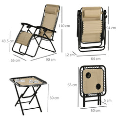 Kozy Folding Zero Gravity Chairs, 3 Pieces Adjustable Sun Lounger and Table Set with Cup Holder and Headrest, Patio Bistro Set with Reclining Garden Chairs for Outdoor, Beige
