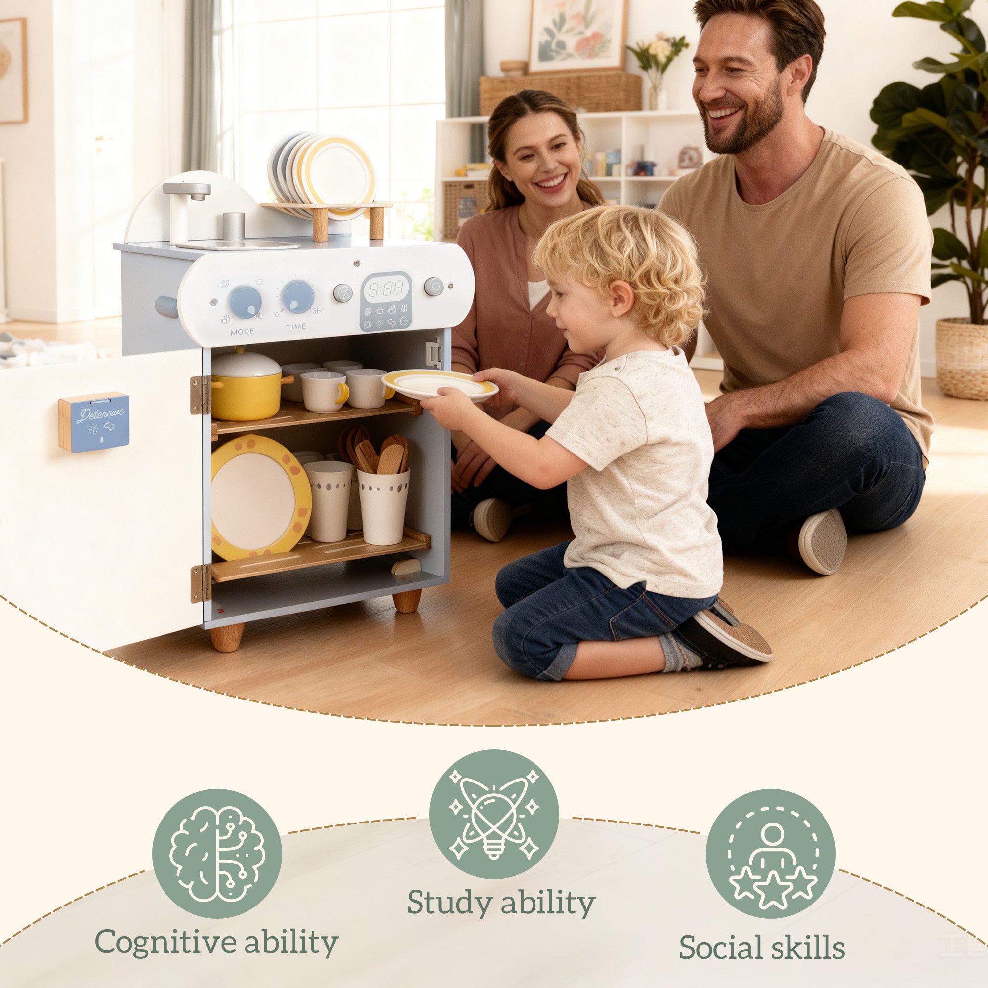 Kozy Wooden Dishwasher Playset, Kitchen Sink Toys with Faucet, Sink and Accessories, Gift for Boys Girls Toddlers