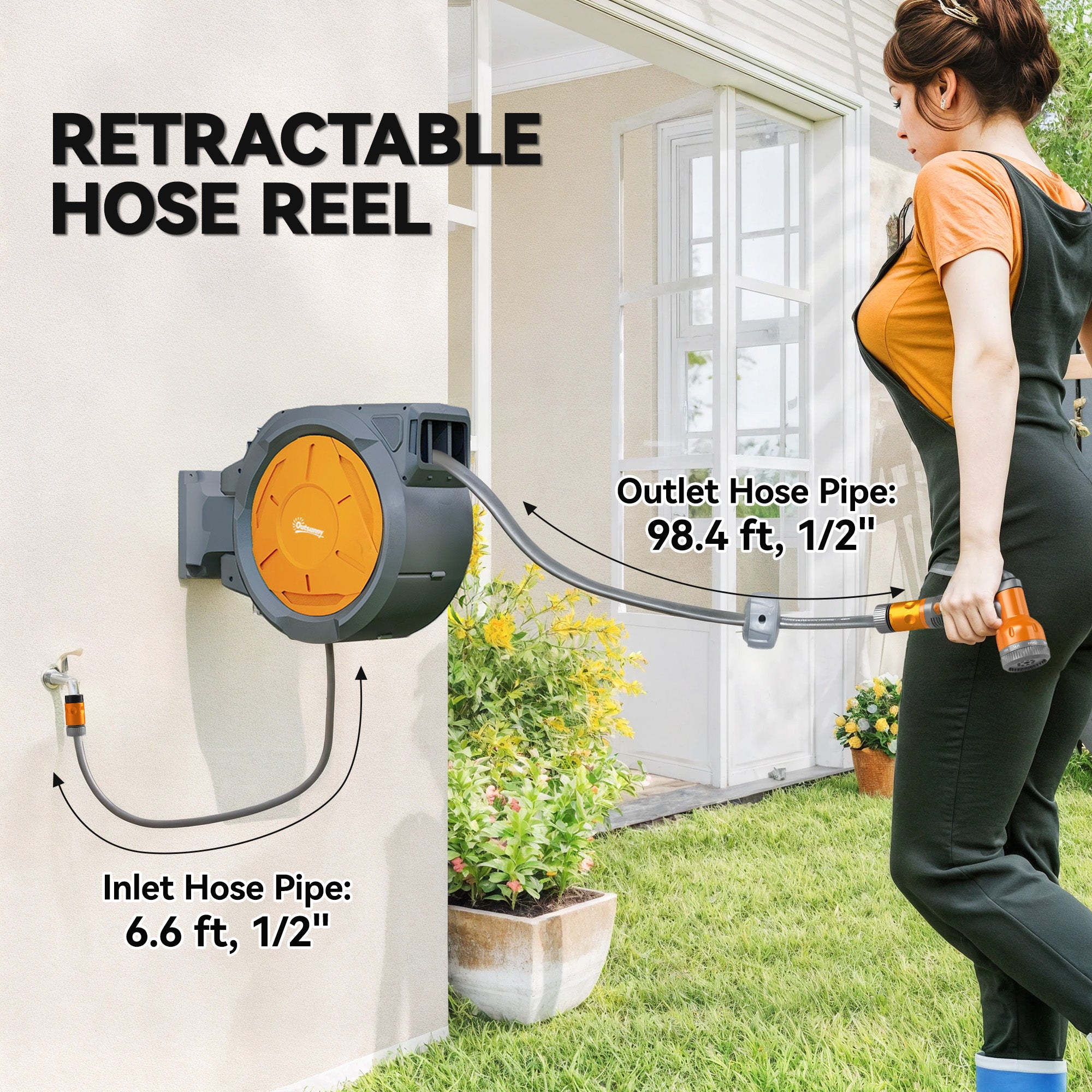 Kozy - Retractable Hose Reel Wall Mounted, 30+2m Garden Hose Pipe Reel with Lock, Auto Rewind, 7 in 1 Spray Nozzle, Includes Wall Fixings, 180° Swivel, Outdoor Watering, Orange