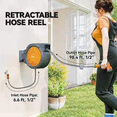Kozy - Retractable Hose Reel Wall Mounted, 30+2m Garden Hose Pipe Reel with Lock, Auto Rewind, 7 in 1 Spray Nozzle, Includes Wall Fixings, 180° Swivel, Outdoor Watering, Orange