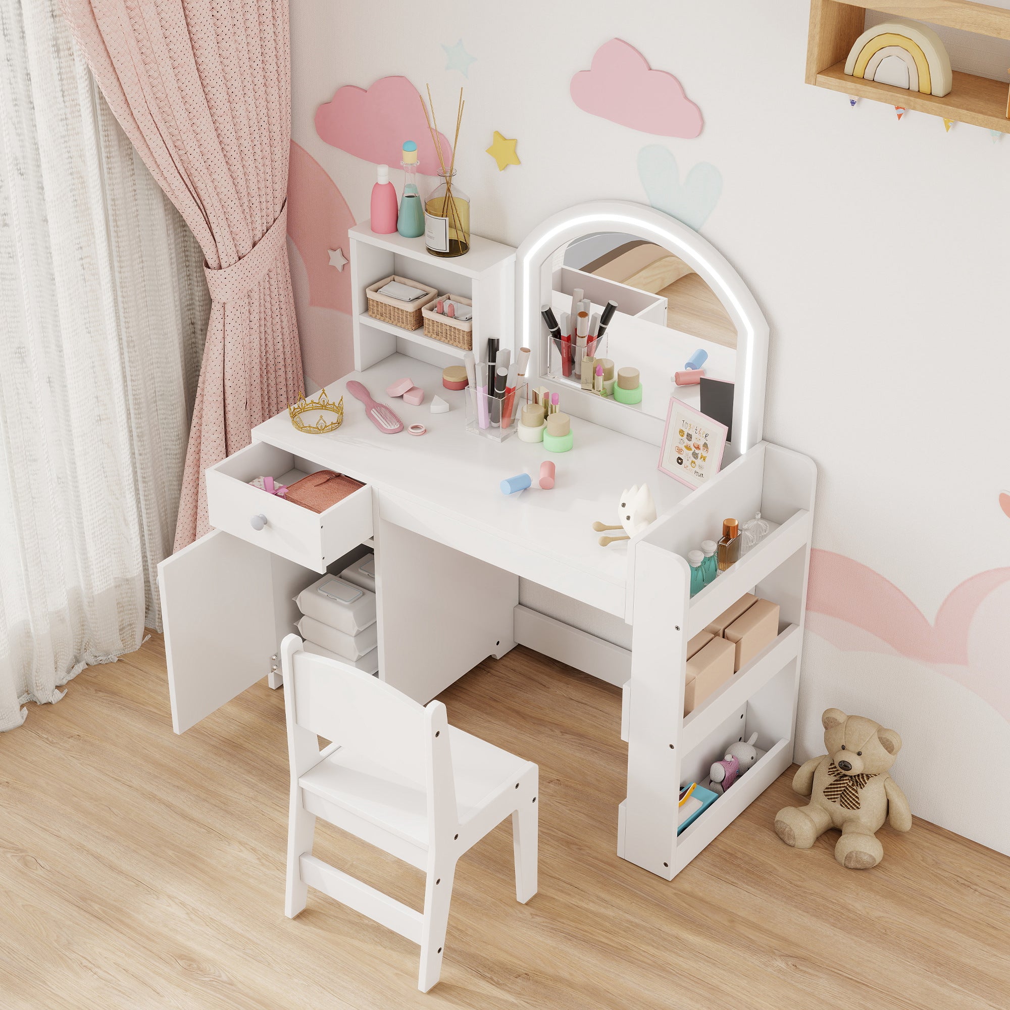 AIYAPLAY Kids Vanity Table and Chair Set, Girls Dressing Table with 2-Colour LED Mirror, Stool, Cabinet, Drawer, Shelves, White