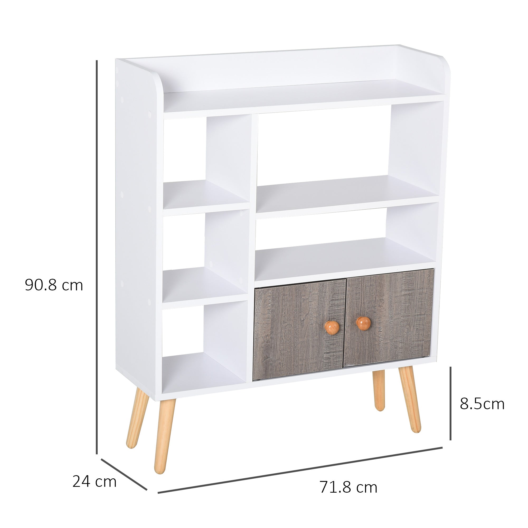 Kozy Bookcase, Freestanding Book Shelf with Storage Cabinet, 6 Shelves and Wood Legs for Home Office Display, White and Grey, 24D x 71.8W x 90.8H cm