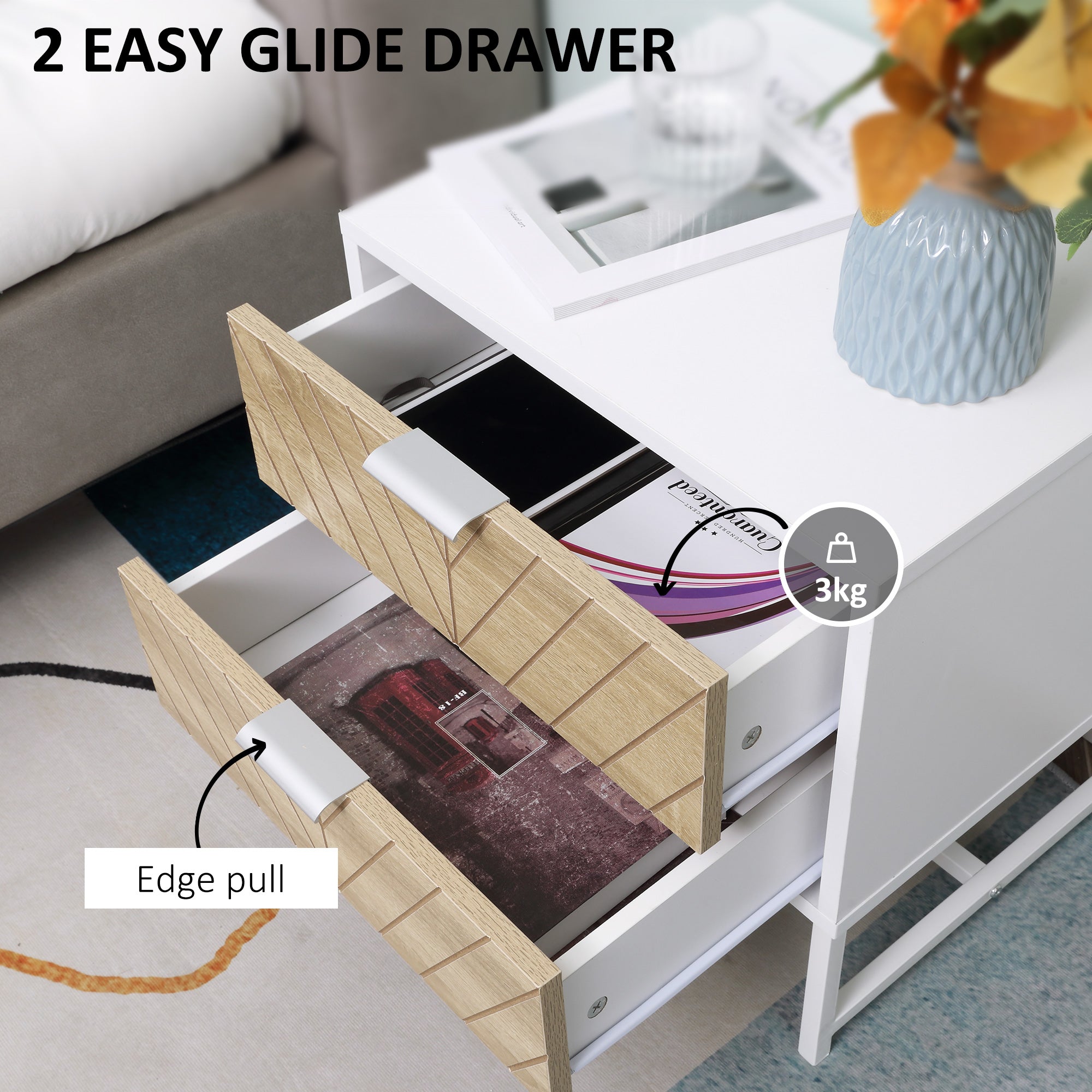 Kozy Modern Bedside Table with 2 Drawers and Metal Frame, Sofa Side Table for Bedroom Living Room, White and Oak