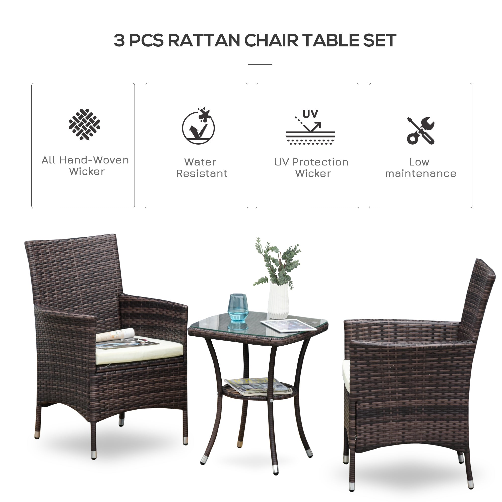 Outsunny Garden Outdoor Rattan Furniture Bistro Set 3 PCs Patio Weave Companion Chair Table Set Conservatory (Brown)