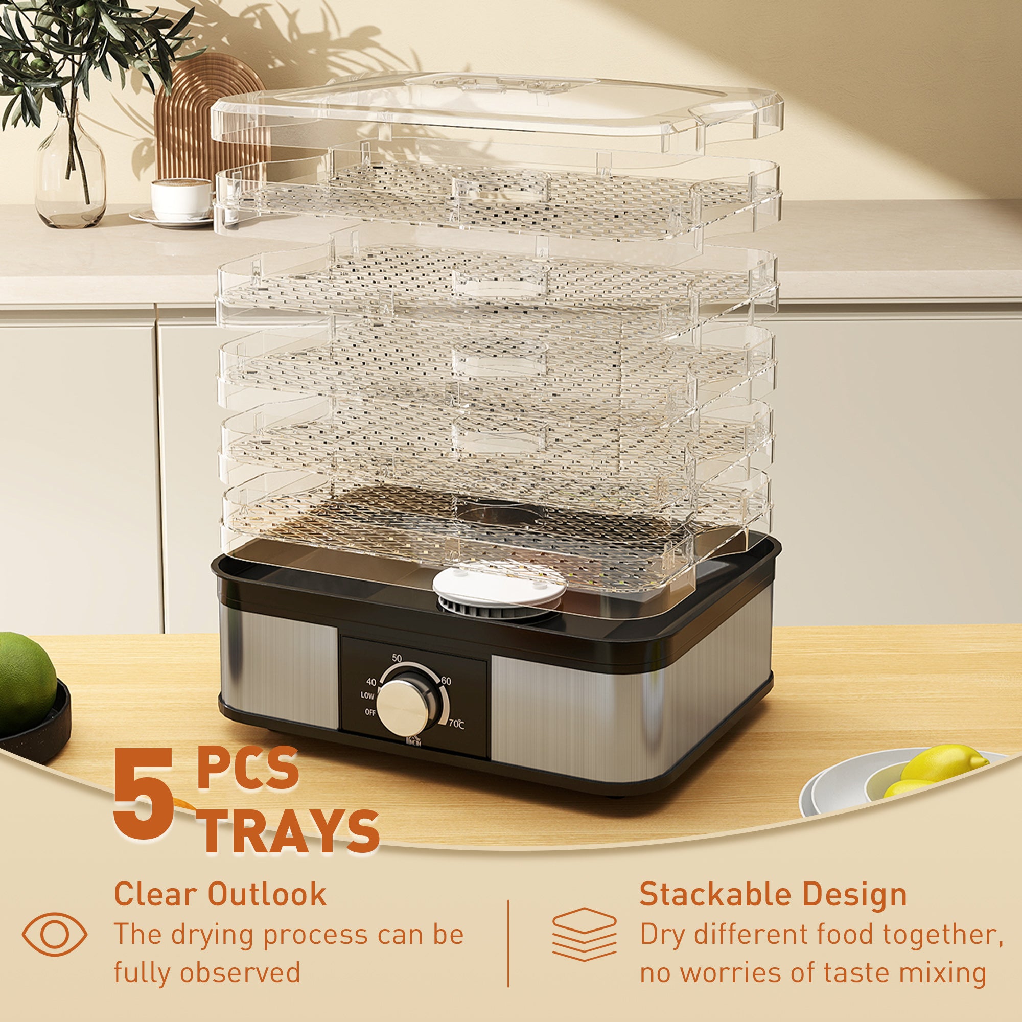 Kozy - 5 Tier Food Dehydrator, 245W Stainless Steel Food Dryer Machine with Adjustable Temperature for Drying Fruit, Meat, Vegetable, Jerky and Pet Treat, Black
