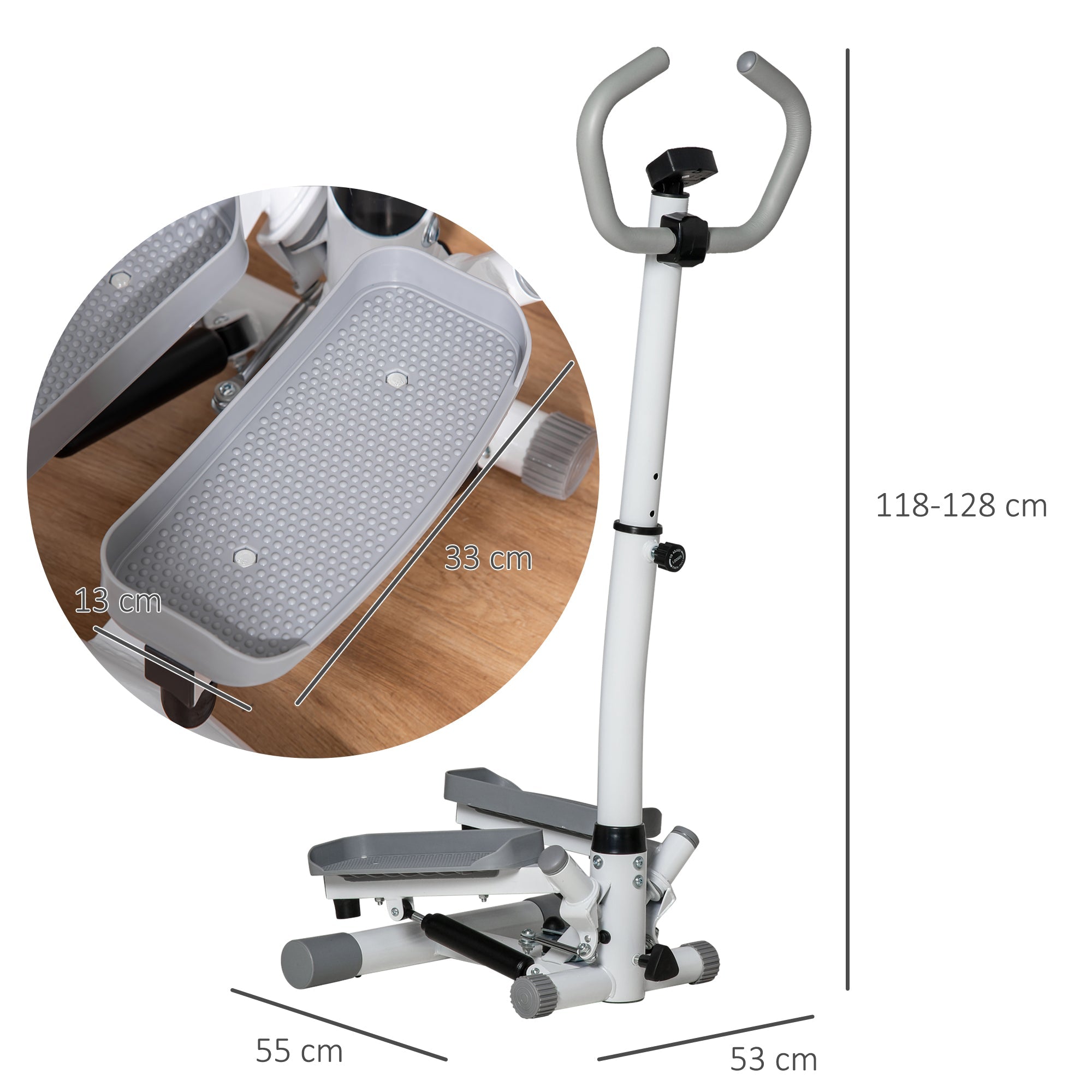 HOMCOM Adjustable Twist Stepper Aerobic Ab Exercise Fitness Step Machine, LCD Screen, Height Adjust Handlebars for Home Gym, White and Grey | Aosom UK