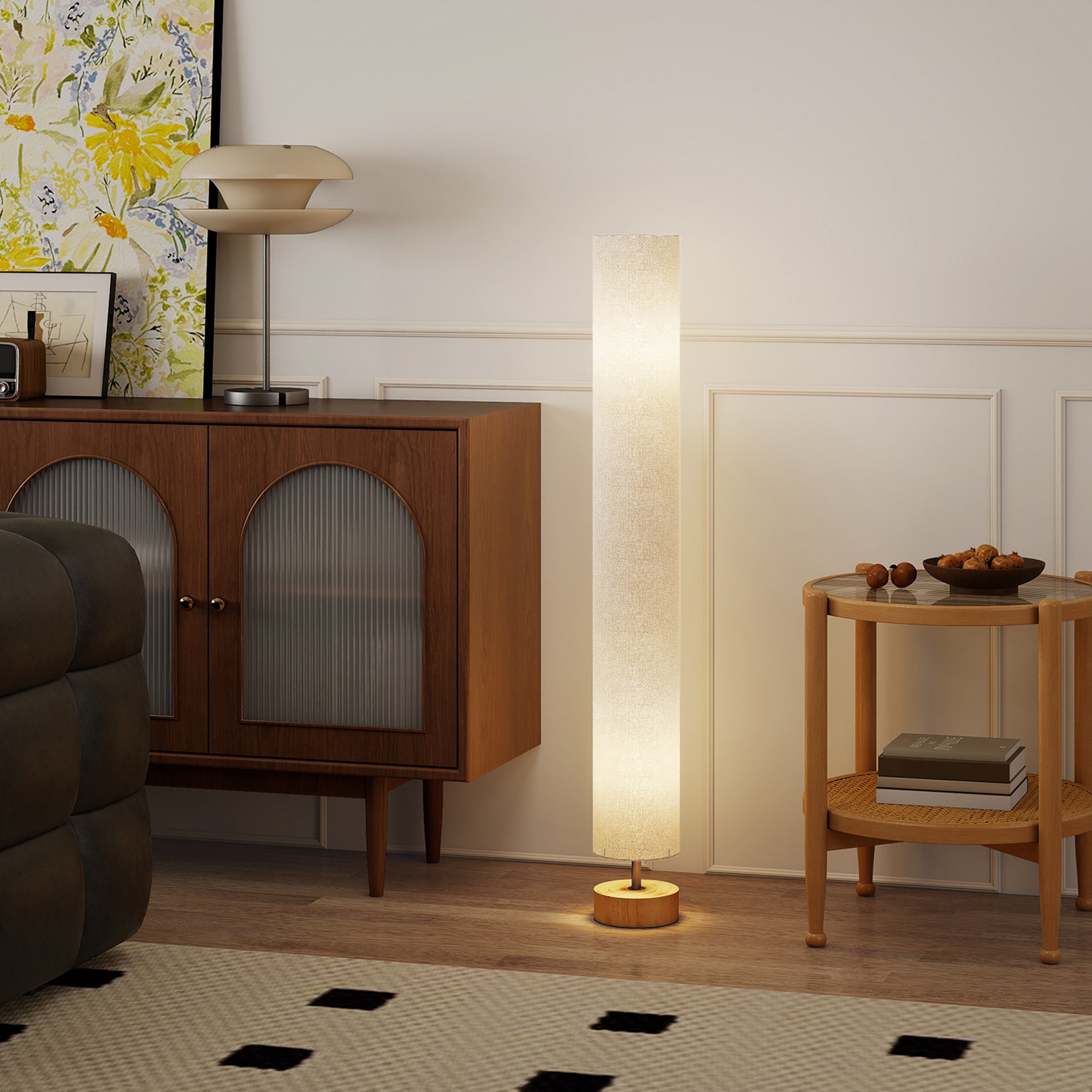 Kozy - LED Floor Lamp for Living Room, 120cm Modern Standing Lamp with 3000K/4500K/6500K Colour Temperatures, Linen Shade and Wooden Base, Grey