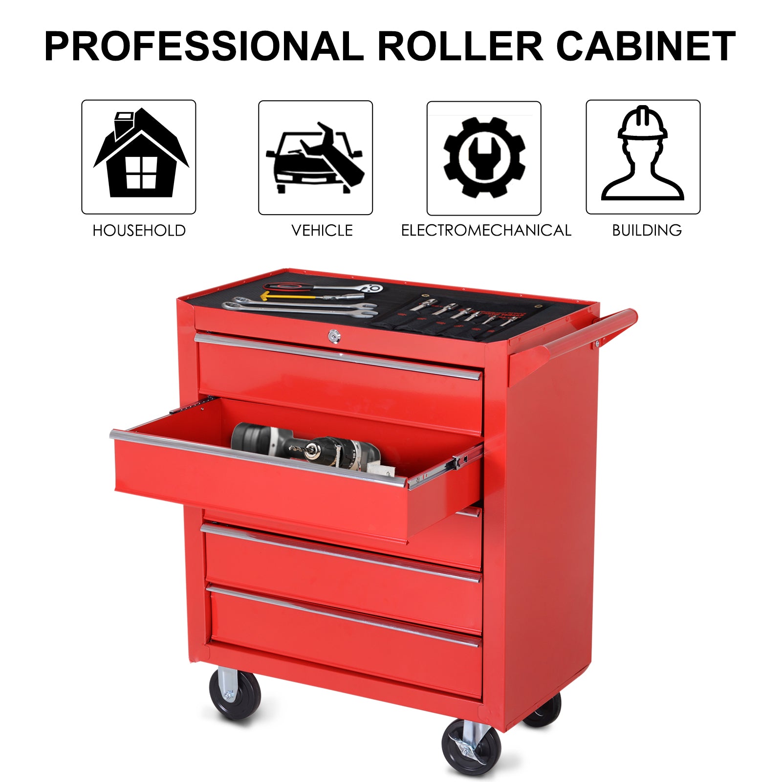 Kozy 5-Drawer Tool Box on Wheels 150KG Load Tool Storage Cabinet with EVA Pad, Red