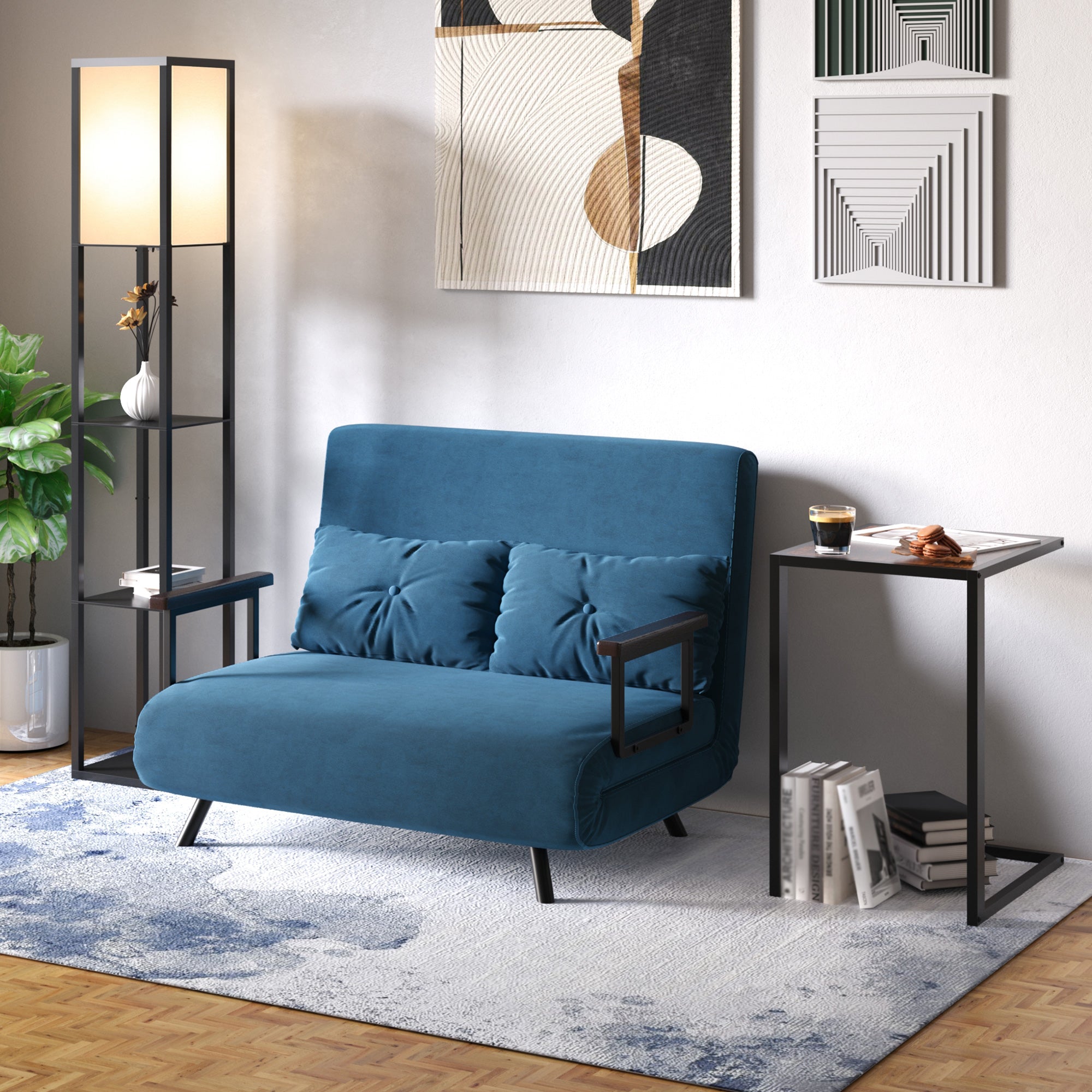 Kozy Floor Lamp with Shelves and Top Light, Modern Corner Standing Lamp with TC Fabric Lampshade for Living Room, Bedroom, Bulb not Included, Black