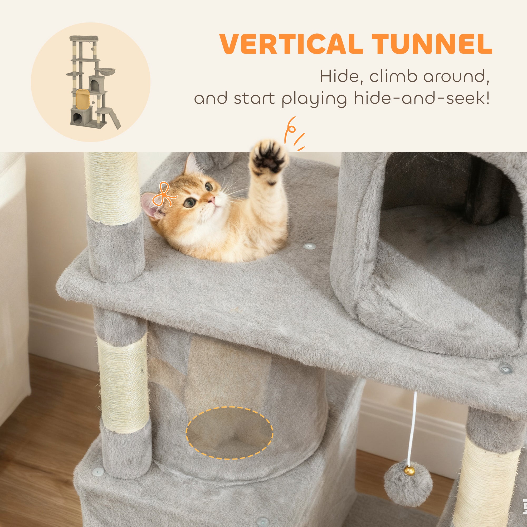 Kozy 170 cm Large Cat Tree, Cat Tower with 7 Scratching Posts, Tunnel, 2 Condos, Hammock, Perch, Ramp, Pompoms, Light Grey