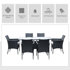 Kozy 6 Seater Rattan Dining Set with Cushions, Rattan Garden Furniture Set with 6 Armchairs, Rectangular Glass Top Table, Outdoor Dining Table and Chairs, Black
