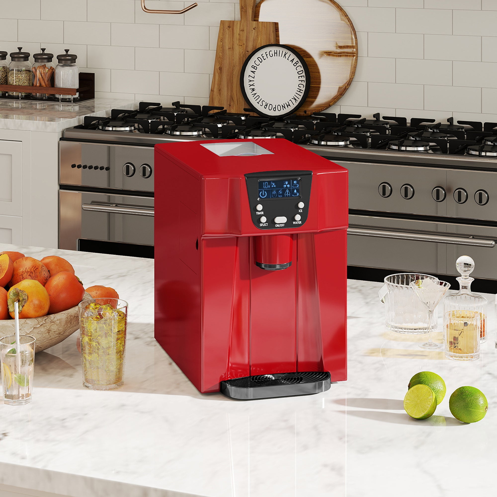 Kozy - 3L Ice Maker Machine and Water Dispenser, 12kg in 24H, 2 Sizes 9 Ice Cubes Ready in 6-10 Mins Ice Machine, Red