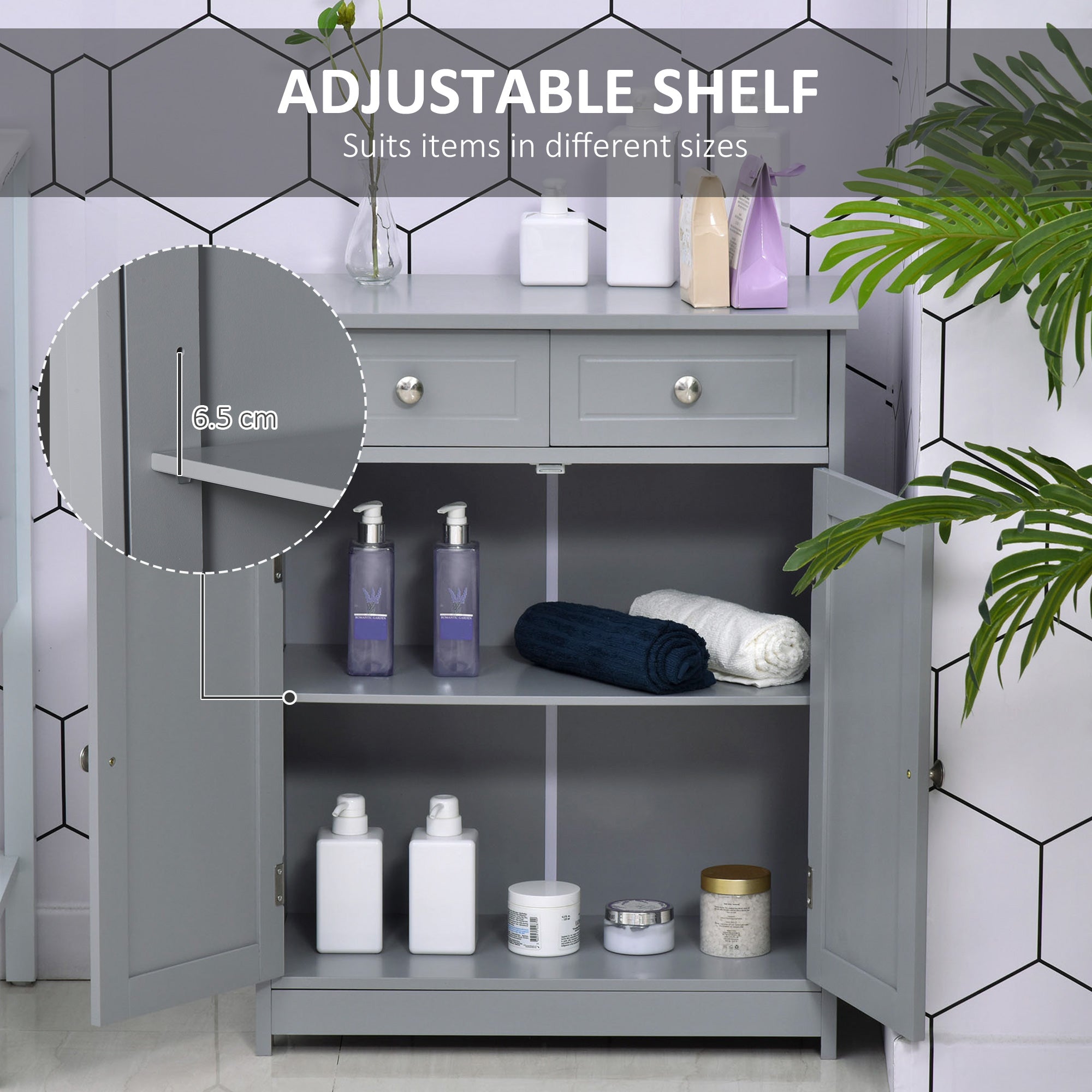 Kozy 75x60cm Freestanding Bathroom Storage Cabinet Unit w/ 2 Drawers Cupboard Adjustable Shelf Metal Handles Traditional Style Grey