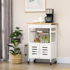 Kozy Rolling Kitchen Island Trolley Utility Cart on Wheels with Bamboo Table Top, Storage Cabinet, Drawer and Wire Basket