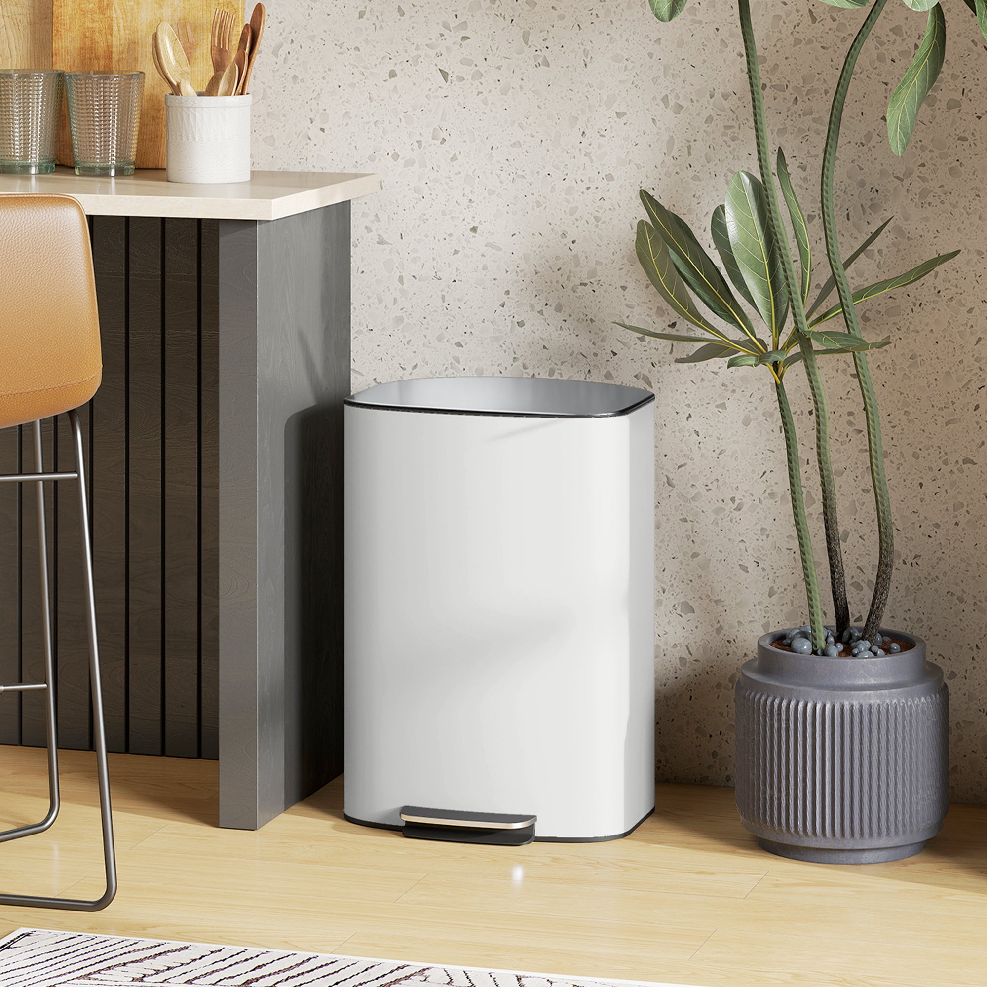 Kozy 50L Kitchen Bin with Soft-Close Lid and Stay-Open Function, Stainless Steel Pedal Bin with Removable Inner Bucket, Carry Handle for Kitchen, Office, Home, Cream