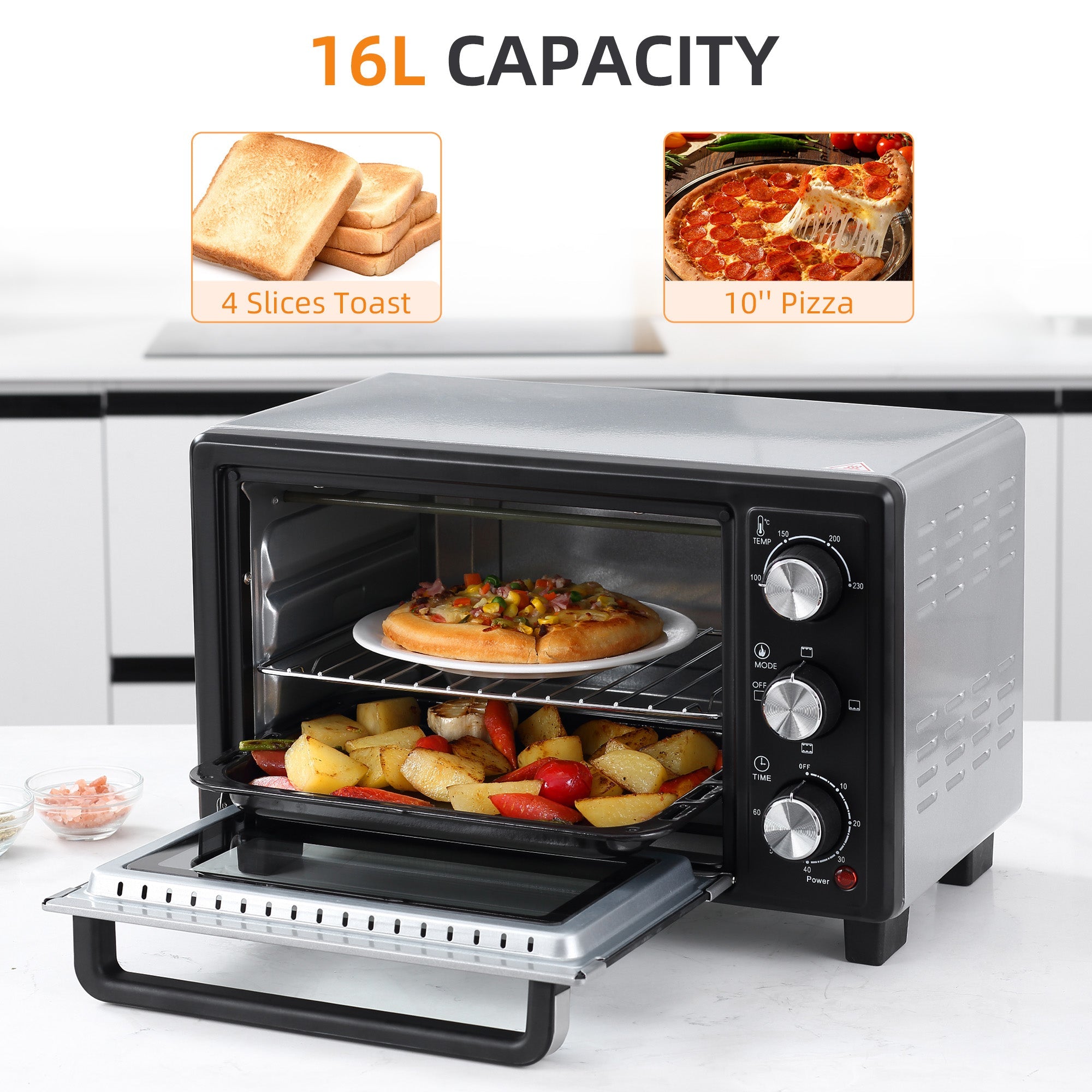 HOMCOM Convection Mini Oven, 16L Countertop Electric Grill, Toaster Oven w/ Adjustable Temperature, 60 Min Timer, Crumb Tray, 1400W | Aosom UK