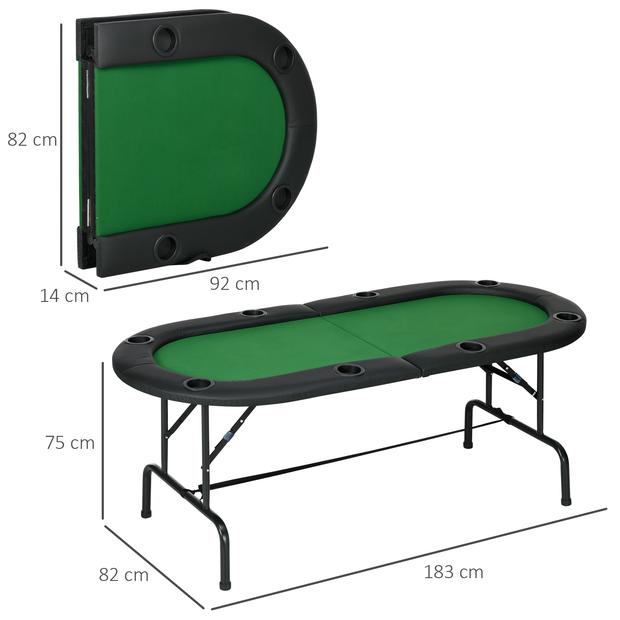 Kozy 8 Player Folding Poker Table, Oval Portable Blackjack Casino Table with Cup Holder, Felt Top and Metal Base, 183 x 82 x 75cm, Green and Black