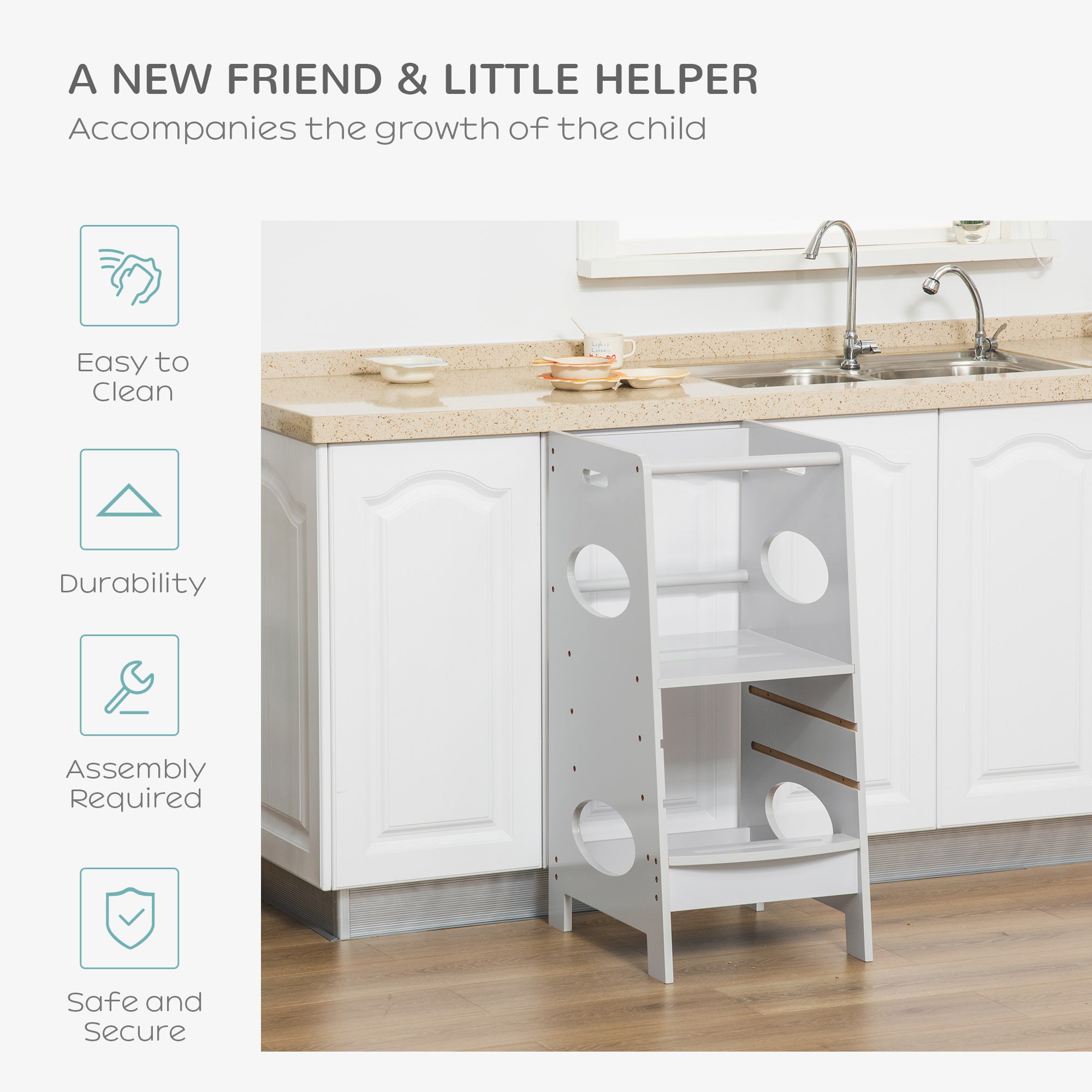 Kozy Kids Step Stool Toddler Kitchen Stool Tower with Adjustable Standing Platform, Grey