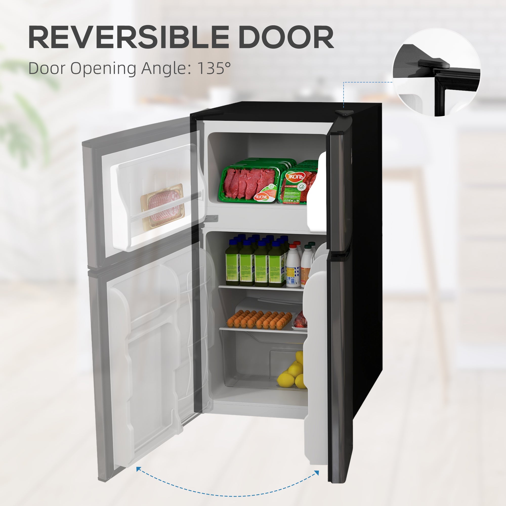 Kozy - 88L Under Counter Fridge Freezer, Small Refrigerator with 5-Setting, 3 Star Freezer Rating, Black and Silver Tone