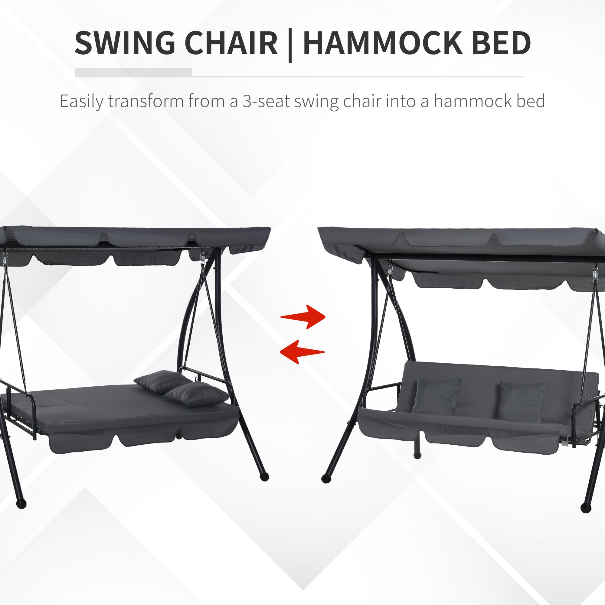 Kozy Outdoor 2-in-1 Swing Chair Lounger 3 Seater Garden Swing Seat Bed Convertible Tilt Canopy W/ Cushion, Dark Grey