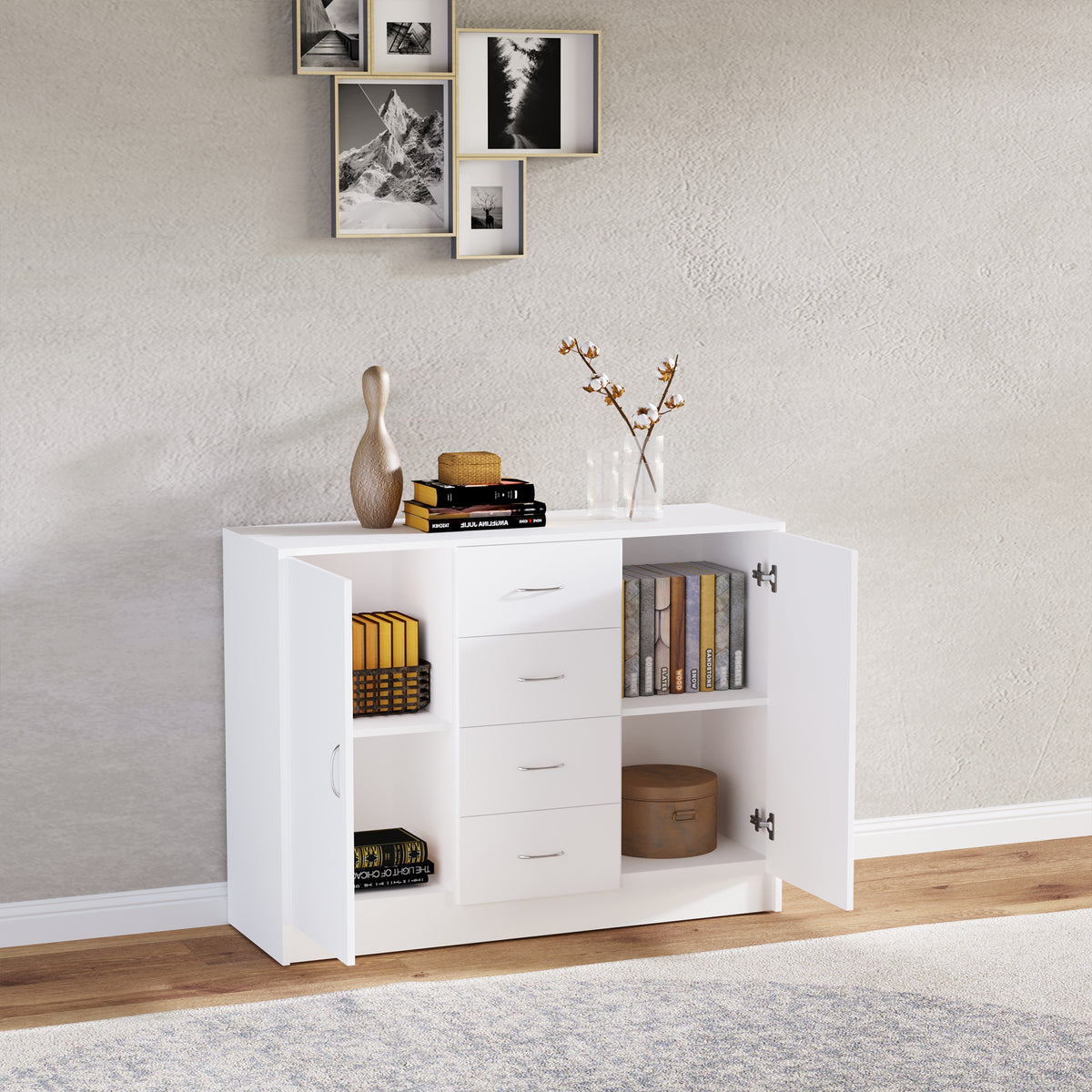 HOMCOM Sideboard, Storage Cabinet with 2 Doors and 4 Drawers, Free Standing Cupboard, Chest Organizer for Kitchen and Living Room, White